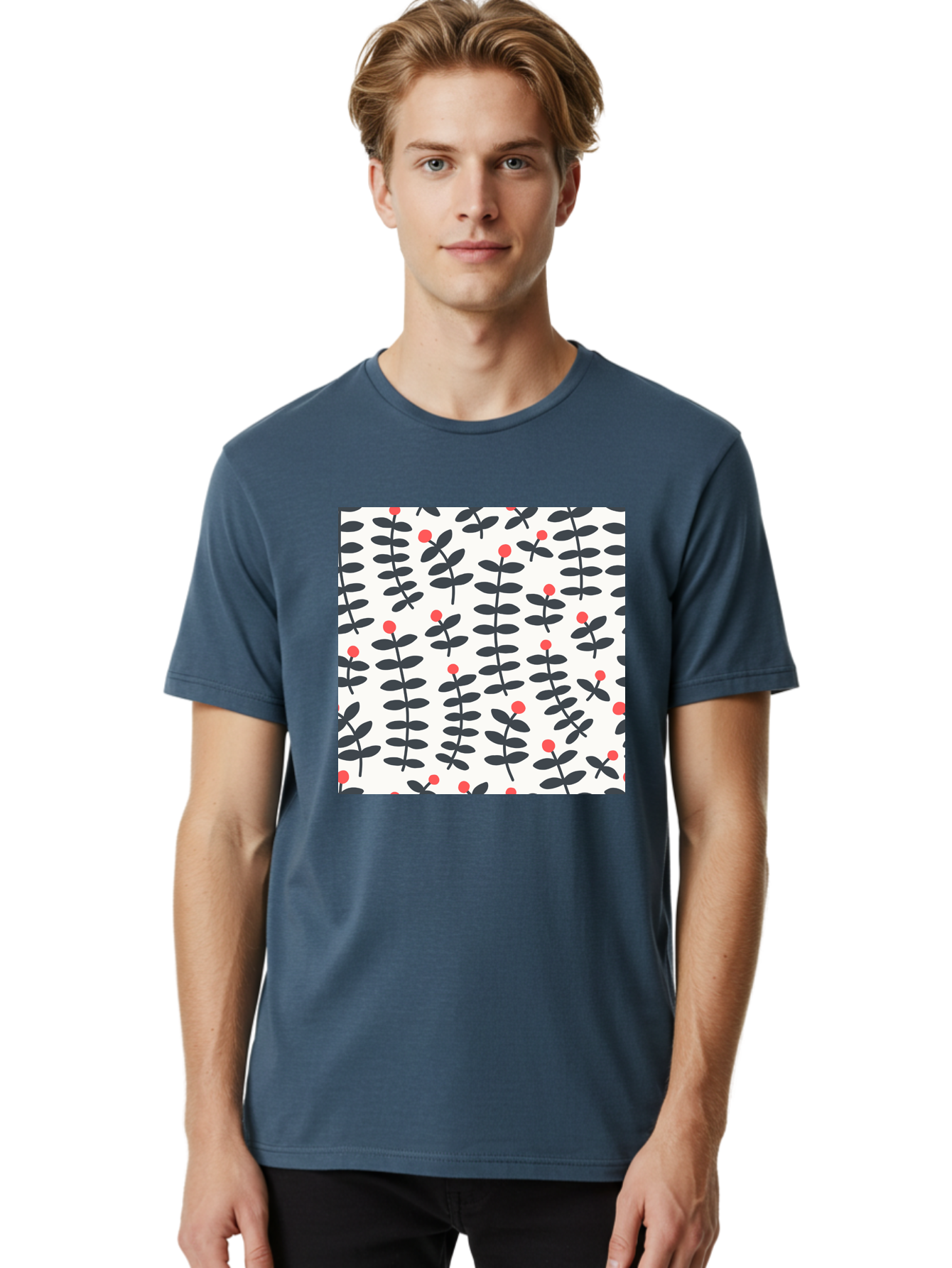 Berry-Pattern Men'S Graphic Tee, 100% Cotton, Comfortable Casual Summer Wear, Machine Washable, Berry Sprigs Pattern, Repeating Floral Design, Red Berries, Black Leaves, Minimalist Botanical, Folk Art Style, Whimsical Decoration, Aab661