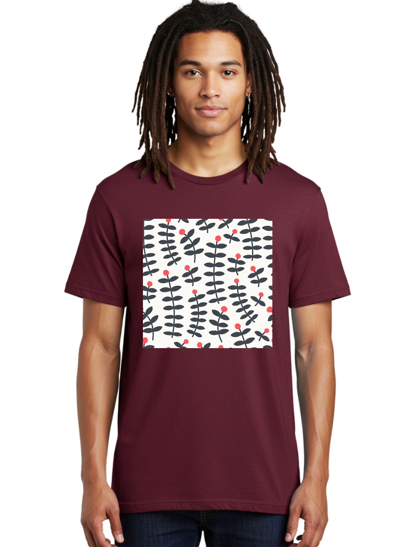 Berry-Pattern Men'S Graphic Tee, 100% Cotton, Comfortable Casual Summer Wear, Machine Washable, Berry Sprigs Pattern, Repeating Floral Design, Red Berries, Black Leaves, Minimalist Botanical, Folk Art Style, Whimsical Decoration, Aab661