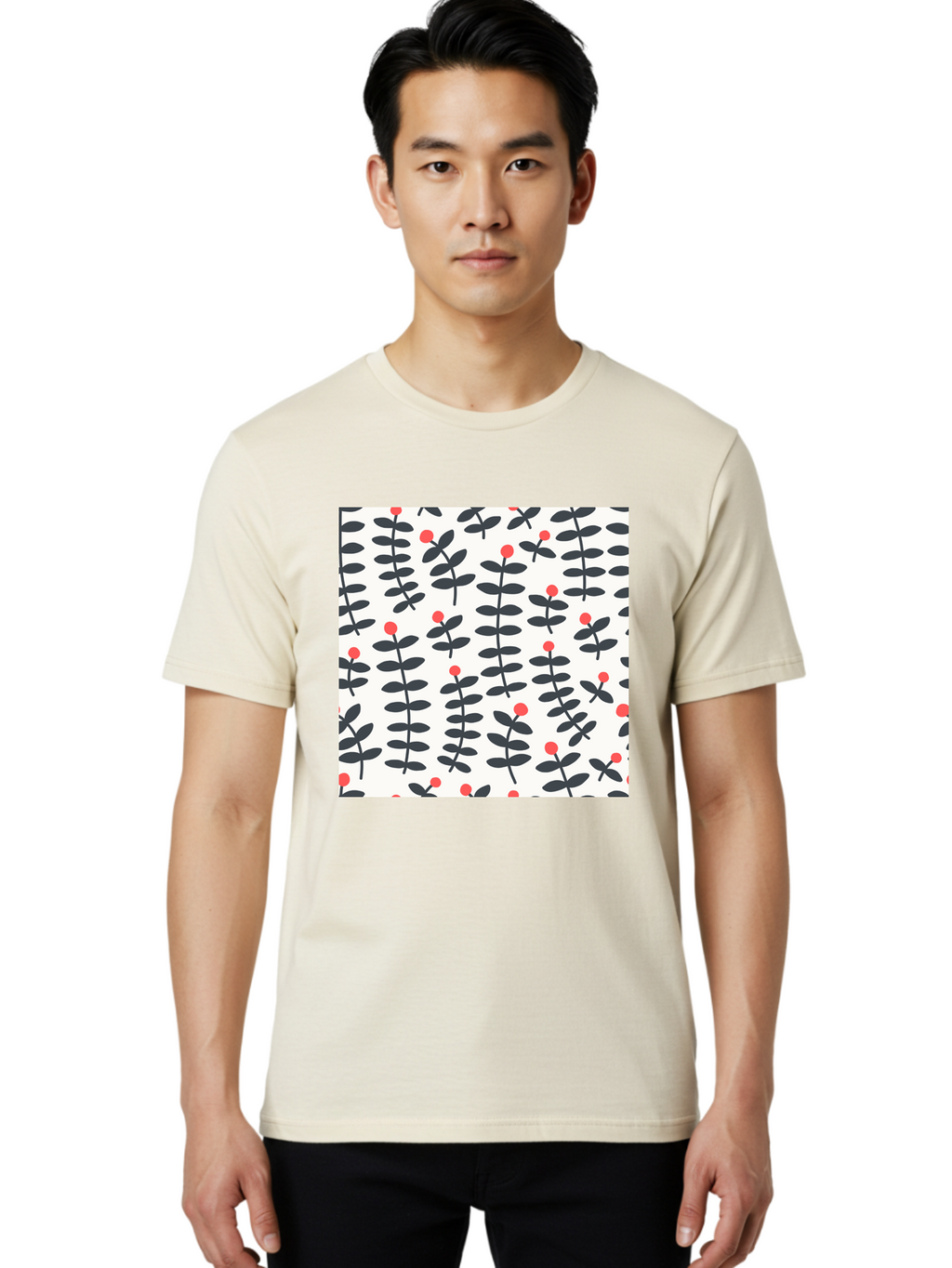 Berry-Pattern Men'S Graphic Tee, 100% Cotton, Comfortable Casual Summer Wear, Machine Washable, Berry Sprigs Pattern, Repeating Floral Design, Red Berries, Black Leaves, Minimalist Botanical, Folk Art Style, Whimsical Decoration, Aab661