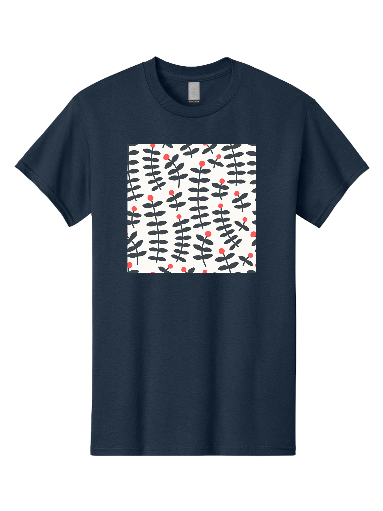 Berry-Pattern Men'S Graphic Tee, 100% Cotton, Comfortable Casual Summer Wear, Machine Washable, Berry Sprigs Pattern, Repeating Floral Design, Red Berries, Black Leaves, Minimalist Botanical, Folk Art Style, Whimsical Decoration, Aab661