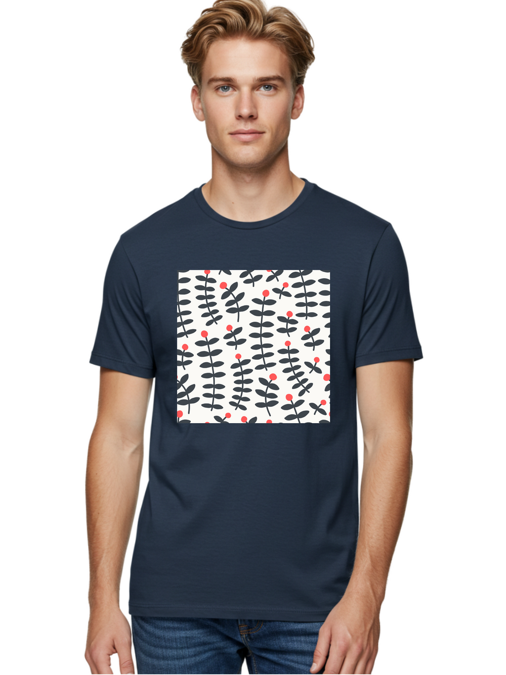 Berry-Pattern Men'S Graphic Tee, 100% Cotton, Comfortable Casual Summer Wear, Machine Washable, Berry Sprigs Pattern, Repeating Floral Design, Red Berries, Black Leaves, Minimalist Botanical, Folk Art Style, Whimsical Decoration, Aab661