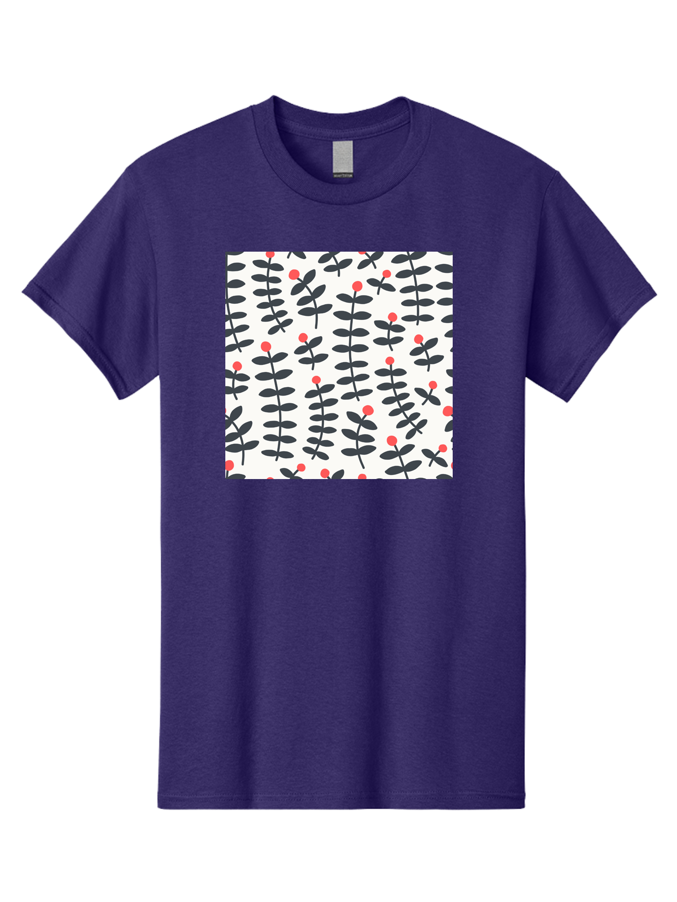 Berry-Pattern Men'S Graphic Tee, 100% Cotton, Comfortable Casual Summer Wear, Machine Washable, Berry Sprigs Pattern, Repeating Floral Design, Red Berries, Black Leaves, Minimalist Botanical, Folk Art Style, Whimsical Decoration, Aab661