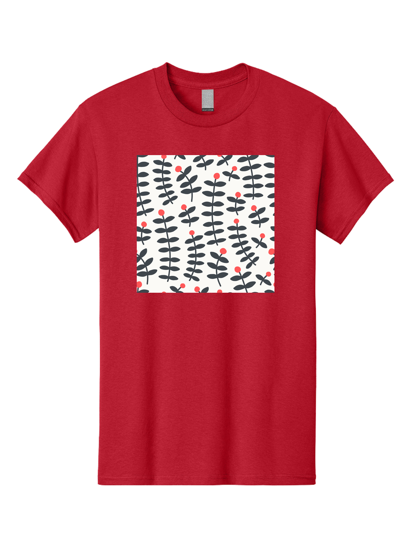 Berry-Pattern Men'S Graphic Tee, 100% Cotton, Comfortable Casual Summer Wear, Machine Washable, Berry Sprigs Pattern, Repeating Floral Design, Red Berries, Black Leaves, Minimalist Botanical, Folk Art Style, Whimsical Decoration, Aab661
