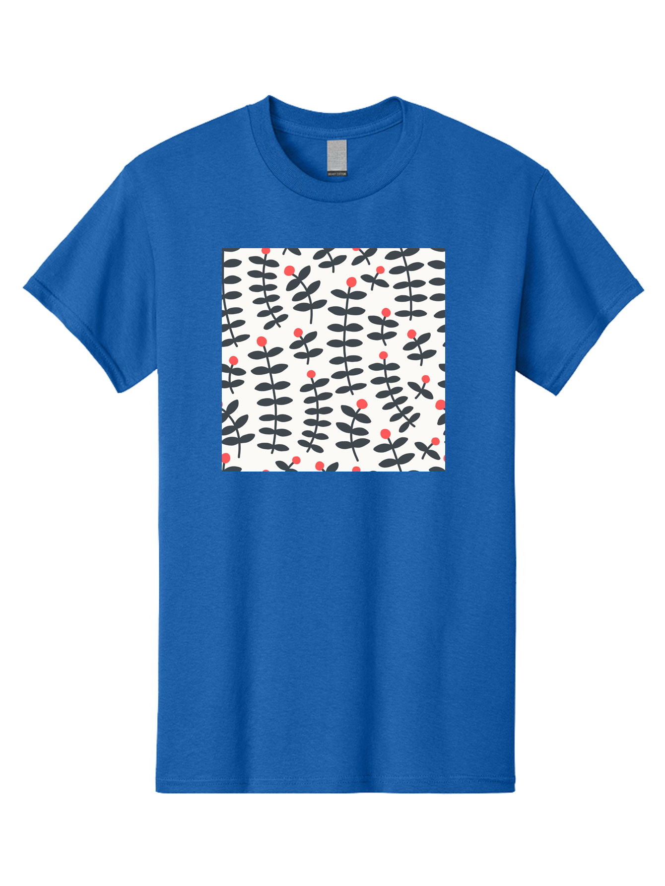 Berry-Pattern Men'S Graphic Tee, 100% Cotton, Comfortable Casual Summer Wear, Machine Washable, Berry Sprigs Pattern, Repeating Floral Design, Red Berries, Black Leaves, Minimalist Botanical, Folk Art Style, Whimsical Decoration, Aab661