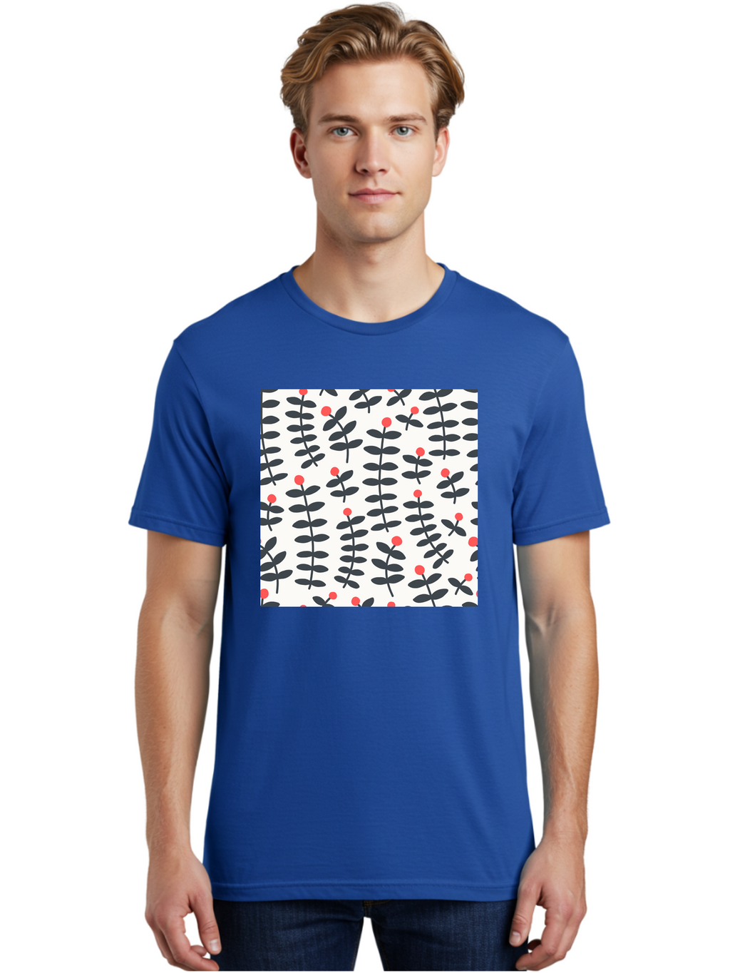 Berry-Pattern Men'S Graphic Tee, 100% Cotton, Comfortable Casual Summer Wear, Machine Washable, Berry Sprigs Pattern, Repeating Floral Design, Red Berries, Black Leaves, Minimalist Botanical, Folk Art Style, Whimsical Decoration, Aab661