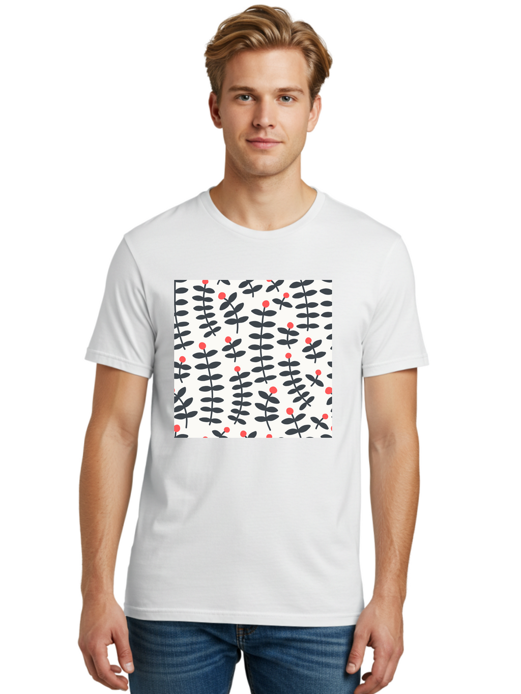 Berry-Pattern Men'S Graphic Tee, 100% Cotton, Comfortable Casual Summer Wear, Machine Washable, Berry Sprigs Pattern, Repeating Floral Design, Red Berries, Black Leaves, Minimalist Botanical, Folk Art Style, Whimsical Decoration, Aab661