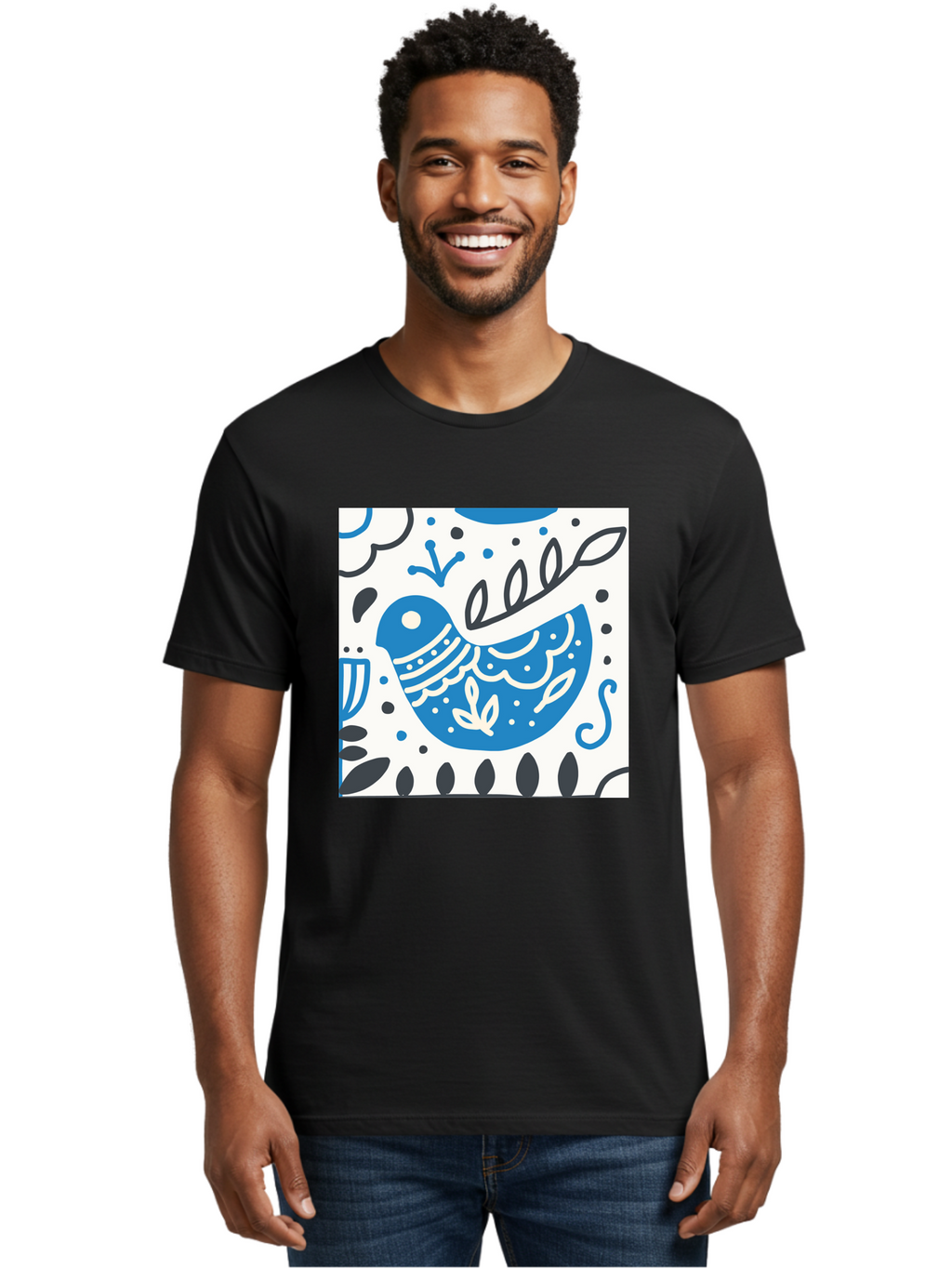 Bird-Illustration Men'S Graphic Tee, 100% Cotton, Comfortable Casual Summer Wear, Machine Washable, Blue Bird, White Patterns, Black Accents, Abstract Shapes, Doodle Art, Whimsical Design, Playful Patterns, Hand Drawn, Graphic Illustration, Aab662