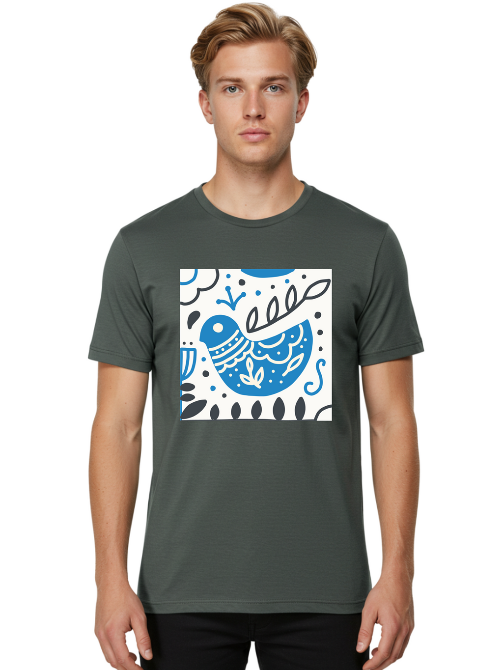 Bird-Illustration Men'S Graphic Tee, 100% Cotton, Comfortable Casual Summer Wear, Machine Washable, Blue Bird, White Patterns, Black Accents, Abstract Shapes, Doodle Art, Whimsical Design, Playful Patterns, Hand Drawn, Graphic Illustration, Aab662