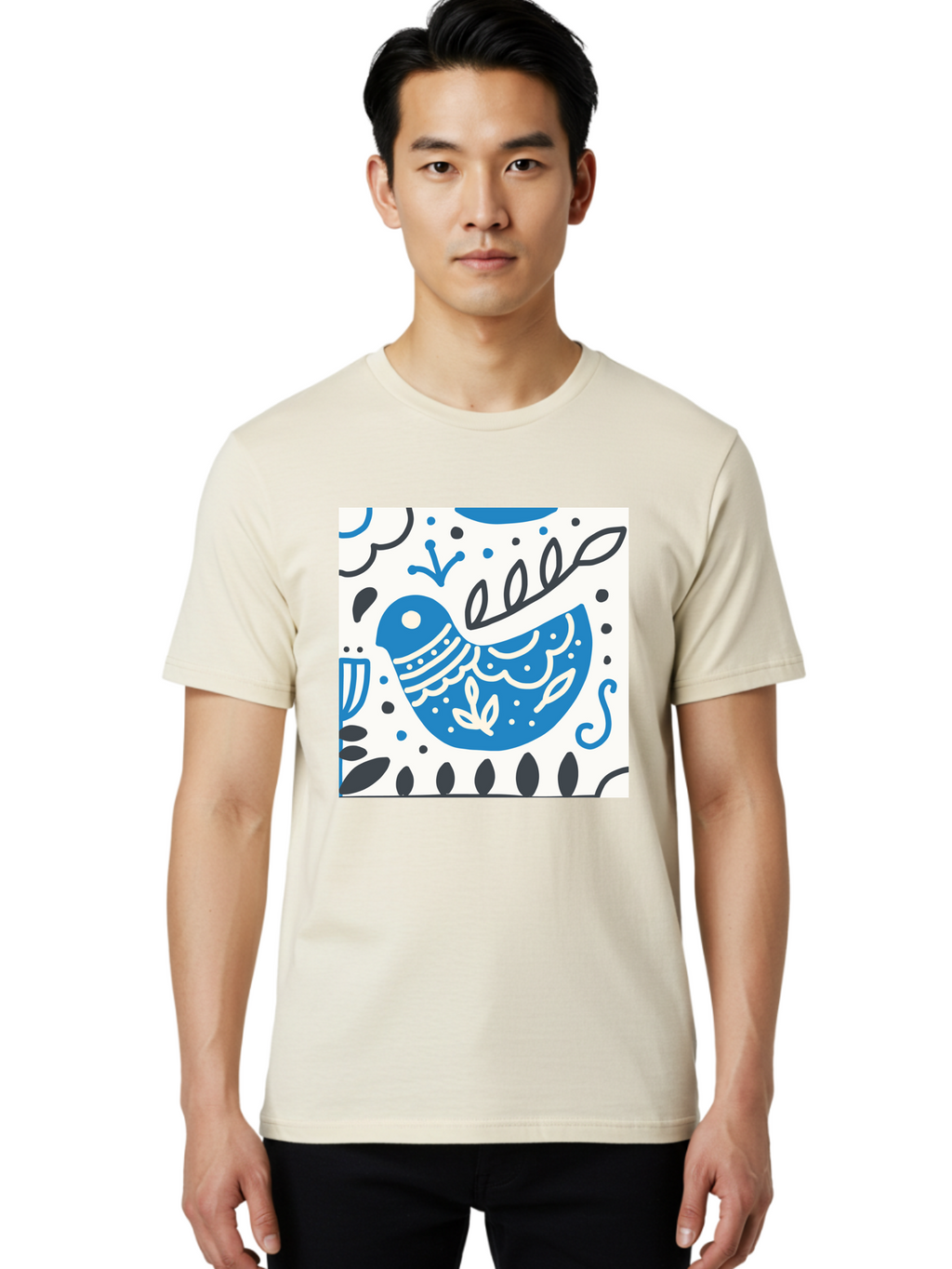 Bird-Illustration Men'S Graphic Tee, 100% Cotton, Comfortable Casual Summer Wear, Machine Washable, Blue Bird, White Patterns, Black Accents, Abstract Shapes, Doodle Art, Whimsical Design, Playful Patterns, Hand Drawn, Graphic Illustration, Aab662