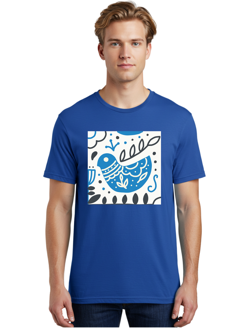 Bird-Illustration Men'S Graphic Tee, 100% Cotton, Comfortable Casual Summer Wear, Machine Washable, Blue Bird, White Patterns, Black Accents, Abstract Shapes, Doodle Art, Whimsical Design, Playful Patterns, Hand Drawn, Graphic Illustration, Aab662
