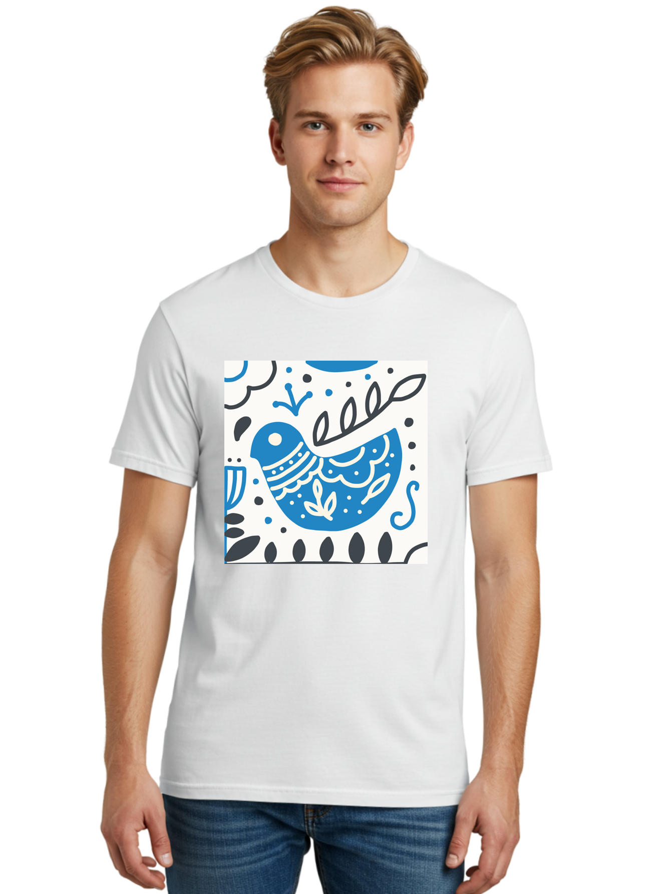 Bird-Illustration Men'S Graphic Tee, 100% Cotton, Comfortable Casual Summer Wear, Machine Washable, Blue Bird, White Patterns, Black Accents, Abstract Shapes, Doodle Art, Whimsical Design, Playful Patterns, Hand Drawn, Graphic Illustration, Aab662