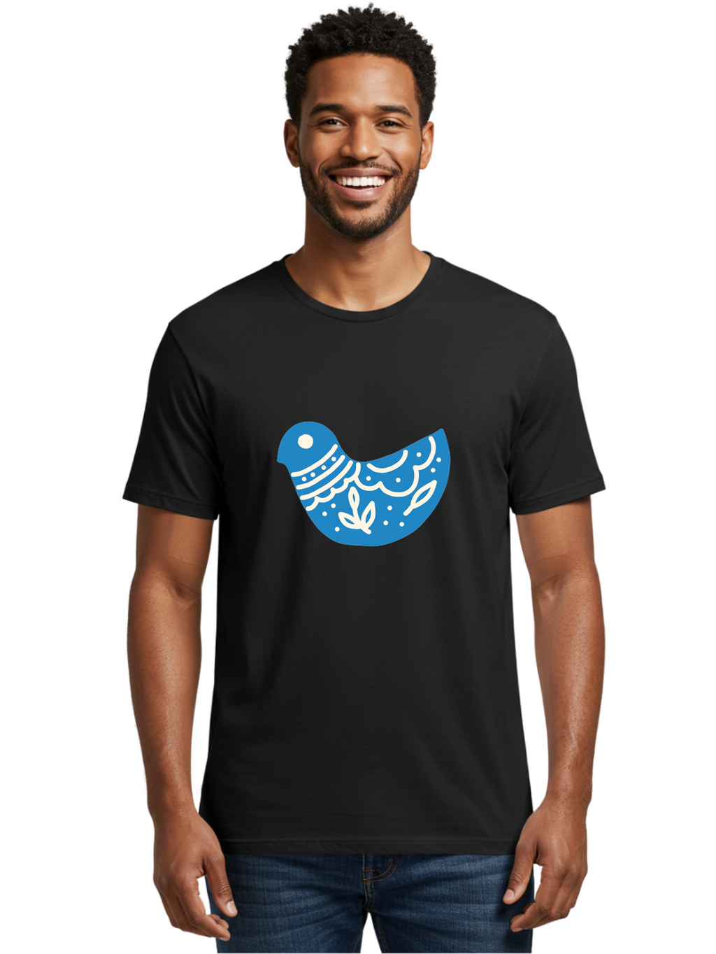 Bird-Logo Men'S Graphic Tee, 100% Cotton, Comfortable Casual Summer Wear, Machine Washable, Blue Bird, White Patterns, Abstract Design, Digital Art, Minimalist Illustration, Stylized Bird, Nature-Inspired, Creative Graphics Aab663
