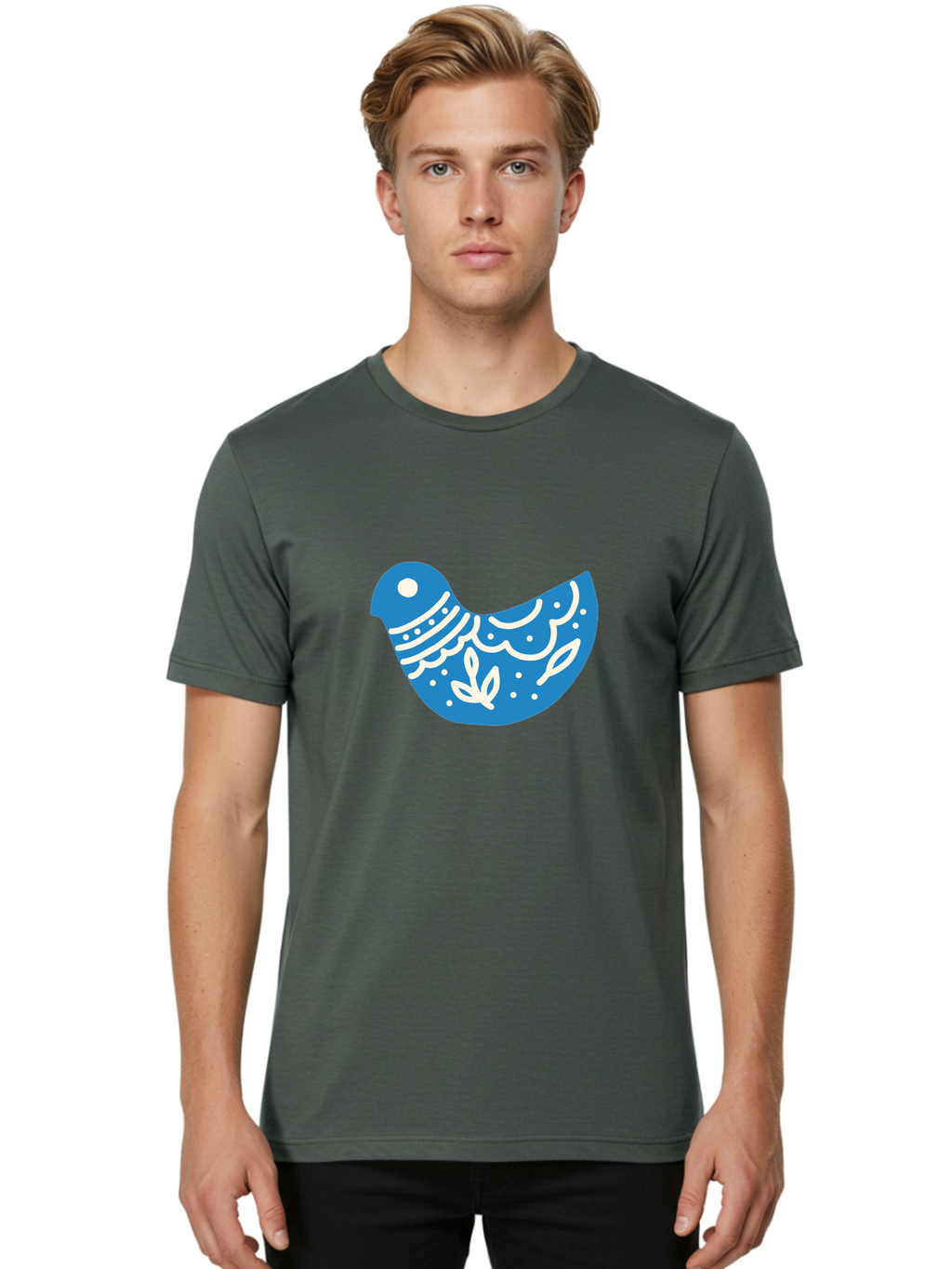 Bird-Logo Men'S Graphic Tee, 100% Cotton, Comfortable Casual Summer Wear, Machine Washable, Blue Bird, White Patterns, Abstract Design, Digital Art, Minimalist Illustration, Stylized Bird, Nature-Inspired, Creative Graphics Aab663