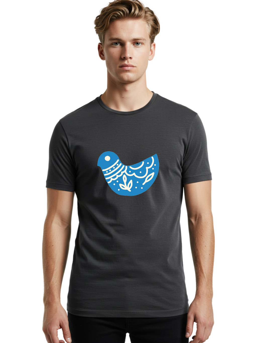 Bird-Logo Men'S Graphic Tee, 100% Cotton, Comfortable Casual Summer Wear, Machine Washable, Blue Bird, White Patterns, Abstract Design, Digital Art, Minimalist Illustration, Stylized Bird, Nature-Inspired, Creative Graphics Aab663