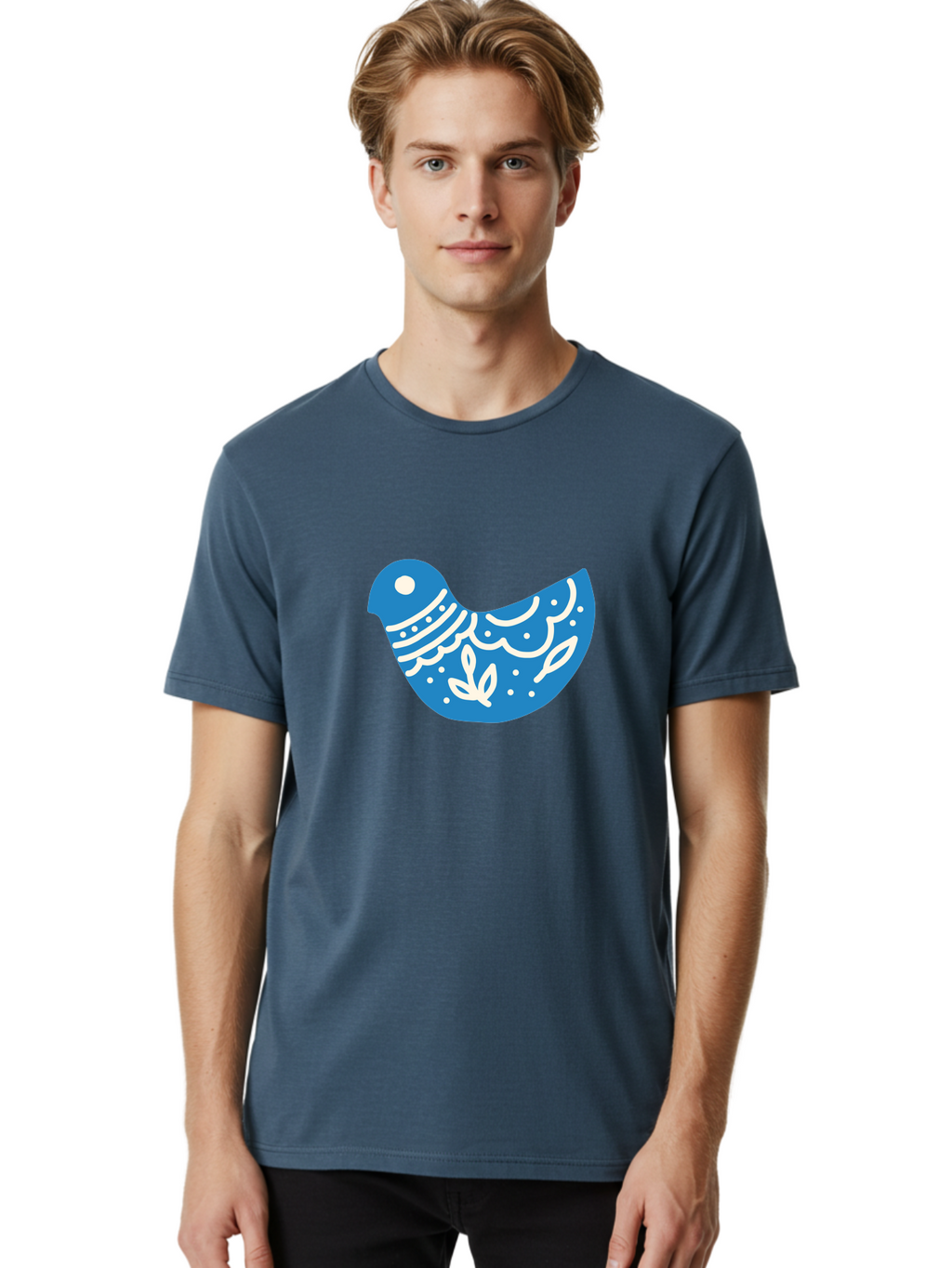Bird-Logo Men'S Graphic Tee, 100% Cotton, Comfortable Casual Summer Wear, Machine Washable, Blue Bird, White Patterns, Abstract Design, Digital Art, Minimalist Illustration, Stylized Bird, Nature-Inspired, Creative Graphics Aab663