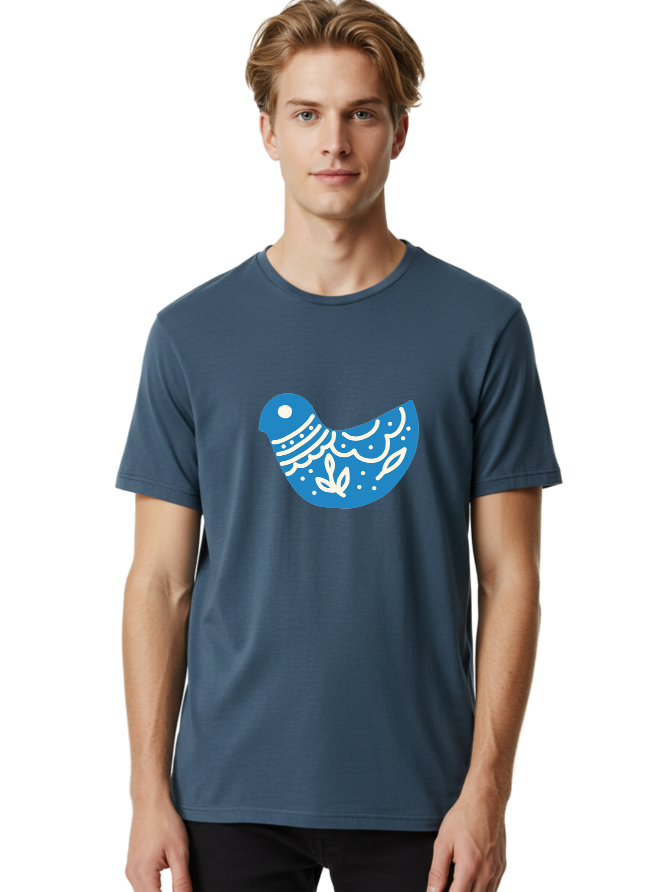 Bird-Logo Men'S Graphic Tee, 100% Cotton, Comfortable Casual Summer Wear, Machine Washable, Blue Bird, White Patterns, Abstract Design, Digital Art, Minimalist Illustration, Stylized Bird, Nature-Inspired, Creative Graphics Aab663