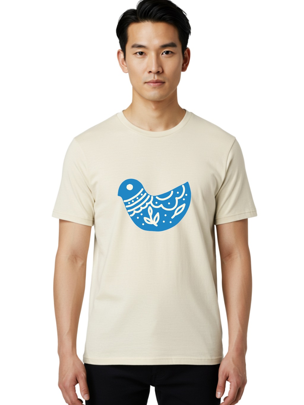 Bird-Logo Men'S Graphic Tee, 100% Cotton, Comfortable Casual Summer Wear, Machine Washable, Blue Bird, White Patterns, Abstract Design, Digital Art, Minimalist Illustration, Stylized Bird, Nature-Inspired, Creative Graphics Aab663