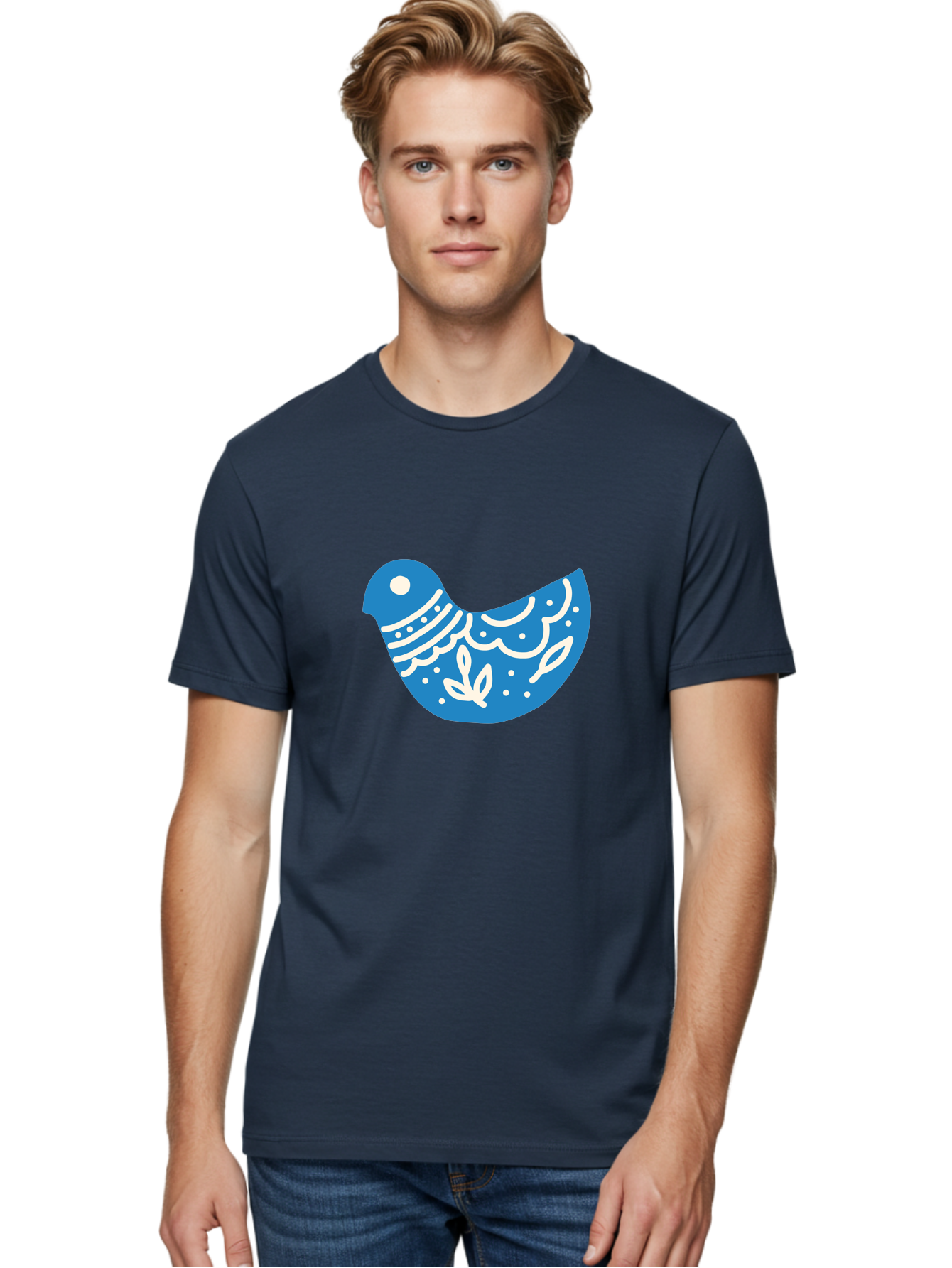 Bird-Logo Men'S Graphic Tee, 100% Cotton, Comfortable Casual Summer Wear, Machine Washable, Blue Bird, White Patterns, Abstract Design, Digital Art, Minimalist Illustration, Stylized Bird, Nature-Inspired, Creative Graphics Aab663