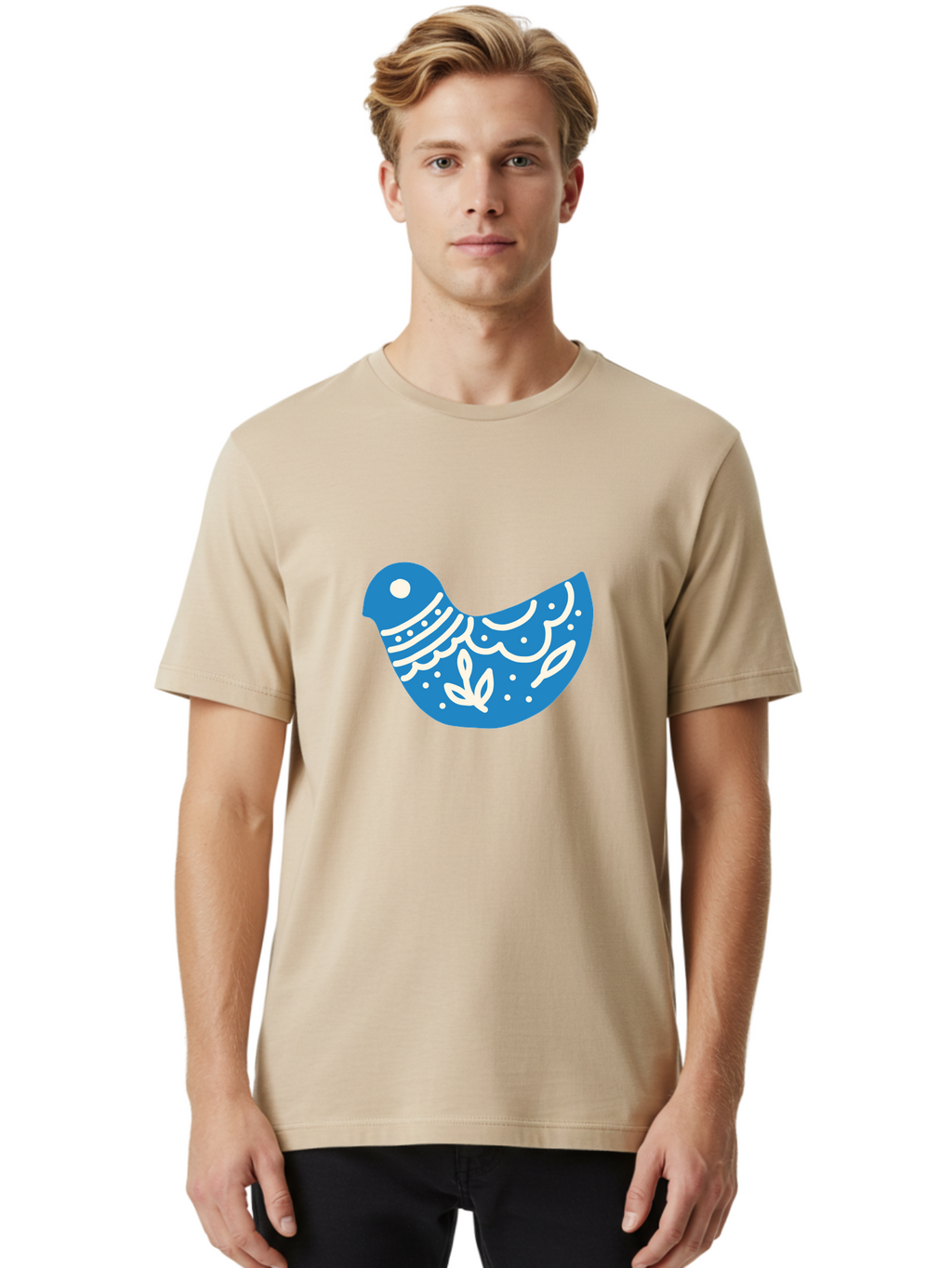 Bird-Logo Men'S Graphic Tee, 100% Cotton, Comfortable Casual Summer Wear, Machine Washable, Blue Bird, White Patterns, Abstract Design, Digital Art, Minimalist Illustration, Stylized Bird, Nature-Inspired, Creative Graphics Aab663