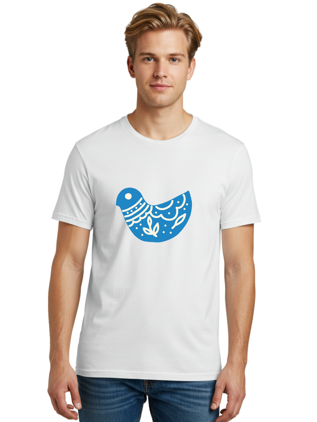 Bird-Logo Men'S Graphic Tee, 100% Cotton, Comfortable Casual Summer Wear, Machine Washable, Blue Bird, White Patterns, Abstract Design, Digital Art, Minimalist Illustration, Stylized Bird, Nature-Inspired, Creative Graphics Aab663