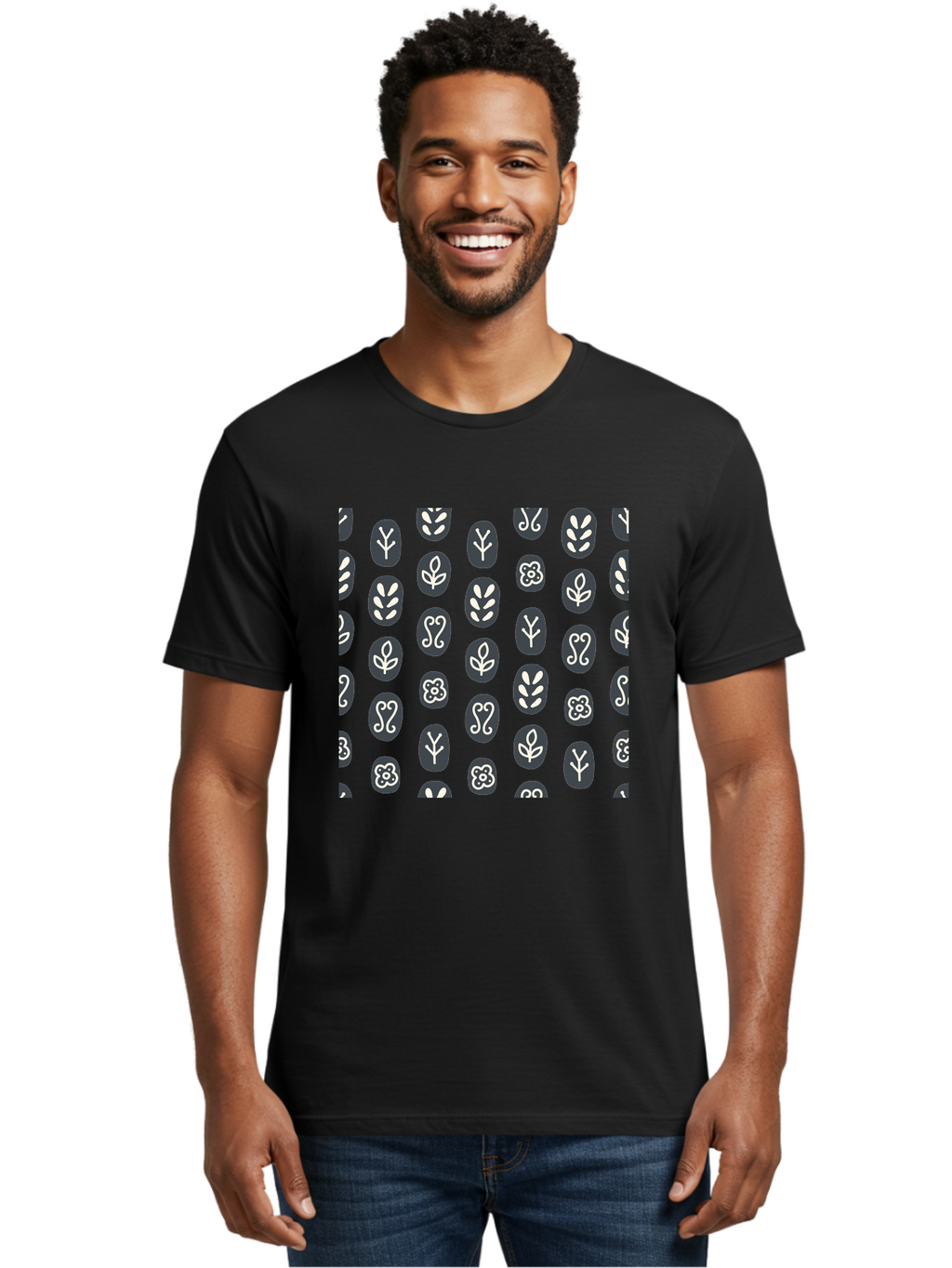 Black-Ovals-With-White-Leaves Men'S Graphic Tee, 100% Cotton, Comfortable Casual Summer Wear, Machine Washable, Repeating Pattern, Gray Ovals, White Floral Designs, Botanical Motifs, Abstract Shapes, Graphic Design Elements, Minimalist Art, Aab664