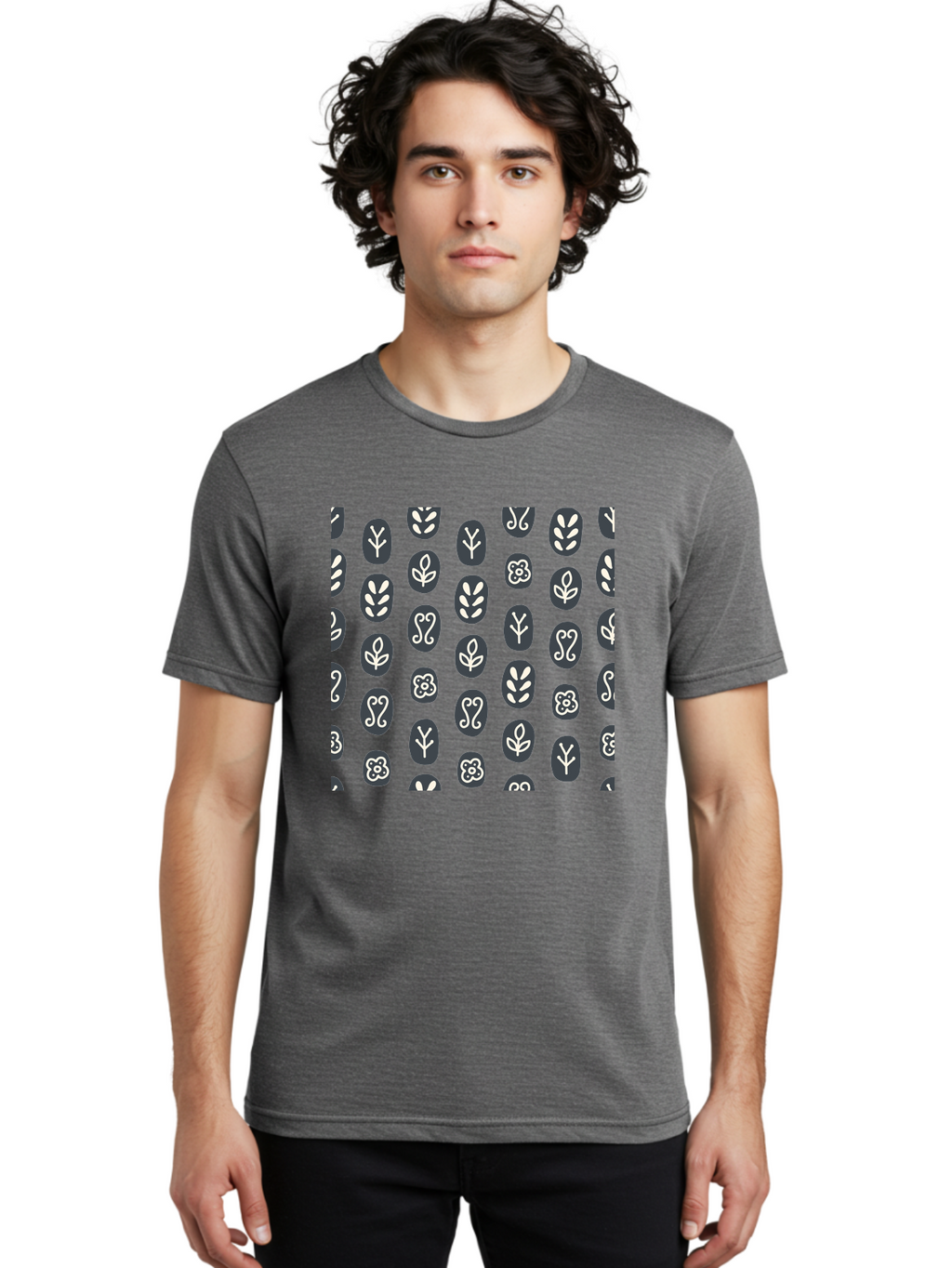 Black-Ovals-With-White-Leaves Men'S Graphic Tee, 100% Cotton, Comfortable Casual Summer Wear, Machine Washable, Repeating Pattern, Gray Ovals, White Floral Designs, Botanical Motifs, Abstract Shapes, Graphic Design Elements, Minimalist Art, Aab664
