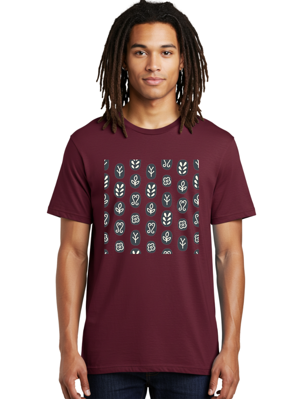 Black-Ovals-With-White-Leaves Men'S Graphic Tee, 100% Cotton, Comfortable Casual Summer Wear, Machine Washable, Repeating Pattern, Gray Ovals, White Floral Designs, Botanical Motifs, Abstract Shapes, Graphic Design Elements, Minimalist Art, Aab664