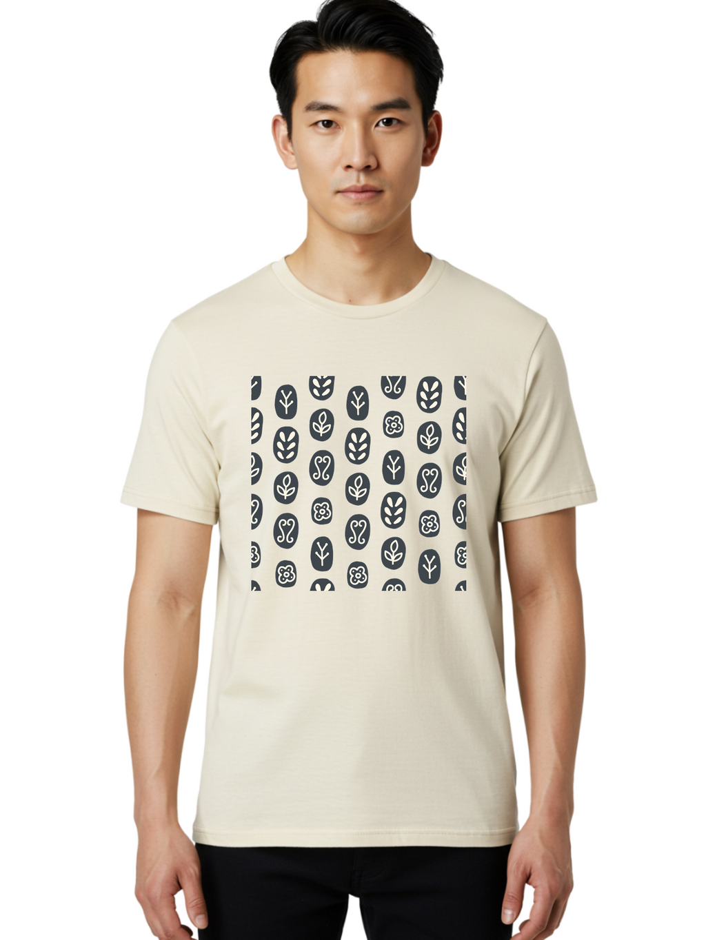 Black-Ovals-With-White-Leaves Men'S Graphic Tee, 100% Cotton, Comfortable Casual Summer Wear, Machine Washable, Repeating Pattern, Gray Ovals, White Floral Designs, Botanical Motifs, Abstract Shapes, Graphic Design Elements, Minimalist Art, Aab664