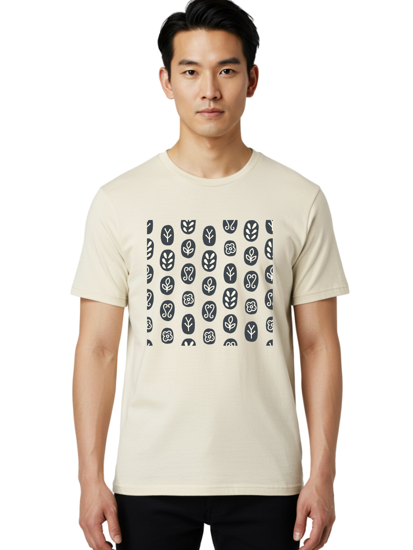 Black-Ovals-With-White-Leaves Men'S Graphic Tee, 100% Cotton, Comfortable Casual Summer Wear, Machine Washable, Repeating Pattern, Gray Ovals, White Floral Designs, Botanical Motifs, Abstract Shapes, Graphic Design Elements, Minimalist Art, Aab664