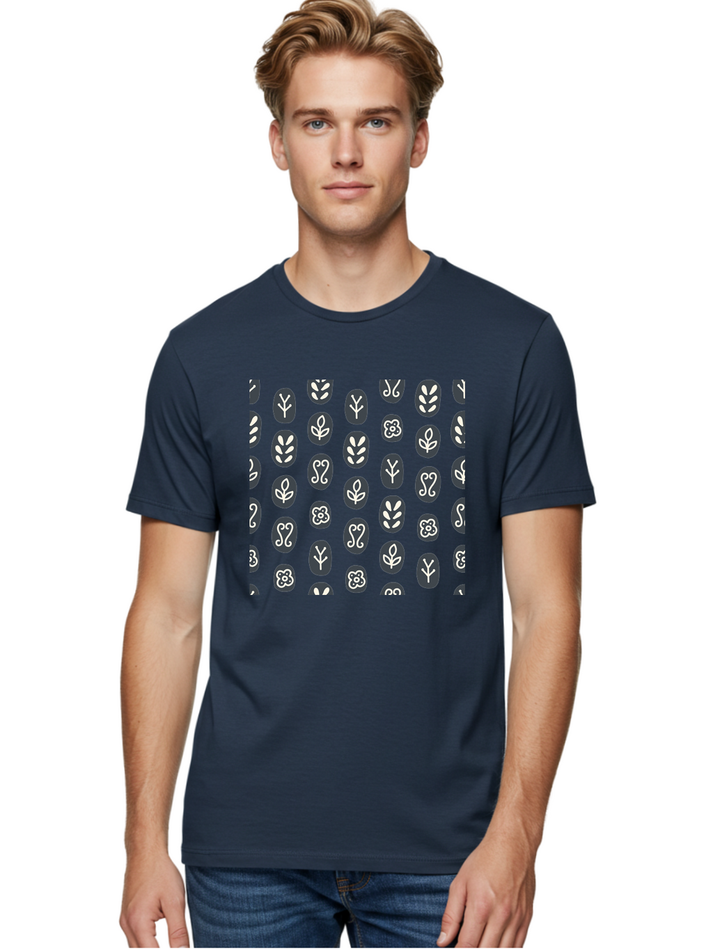 Black-Ovals-With-White-Leaves Men'S Graphic Tee, 100% Cotton, Comfortable Casual Summer Wear, Machine Washable, Repeating Pattern, Gray Ovals, White Floral Designs, Botanical Motifs, Abstract Shapes, Graphic Design Elements, Minimalist Art, Aab664