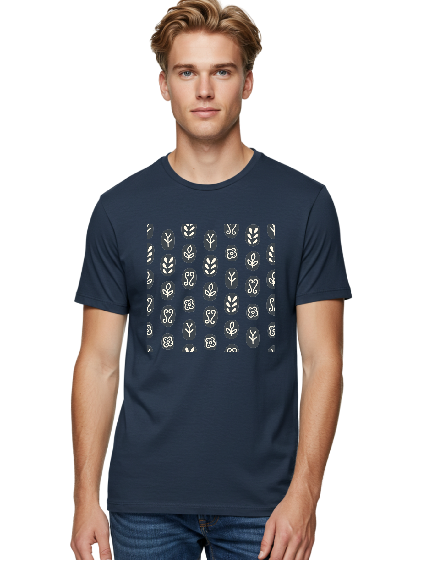 Black-Ovals-With-White-Leaves Men'S Graphic Tee, 100% Cotton, Comfortable Casual Summer Wear, Machine Washable, Repeating Pattern, Gray Ovals, White Floral Designs, Botanical Motifs, Abstract Shapes, Graphic Design Elements, Minimalist Art, Aab664