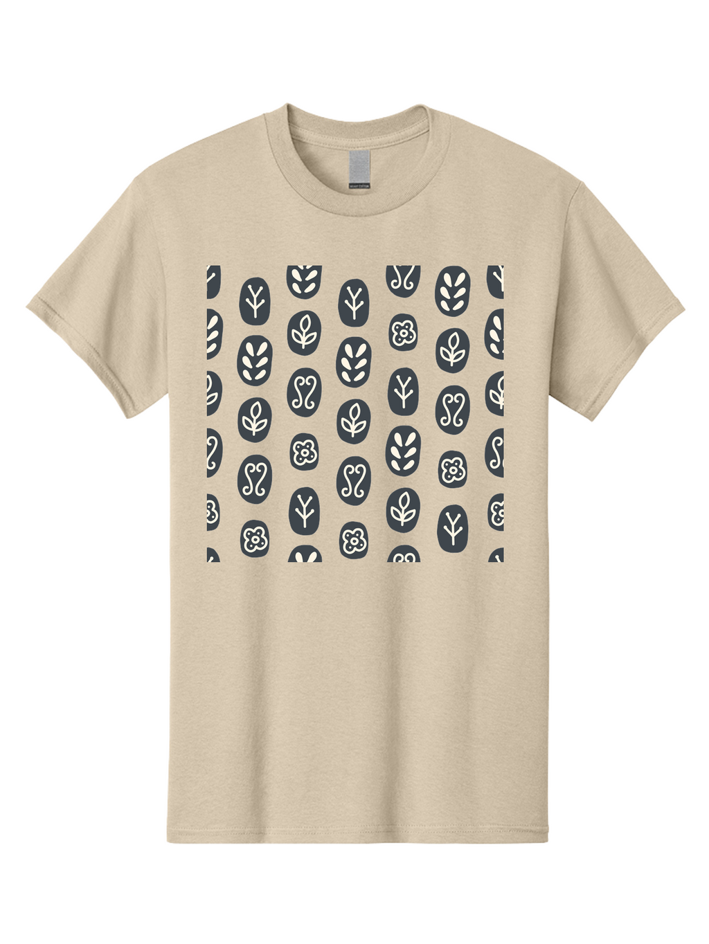 Black-Ovals-With-White-Leaves Men'S Graphic Tee, 100% Cotton, Comfortable Casual Summer Wear, Machine Washable, Repeating Pattern, Gray Ovals, White Floral Designs, Botanical Motifs, Abstract Shapes, Graphic Design Elements, Minimalist Art, Aab664
