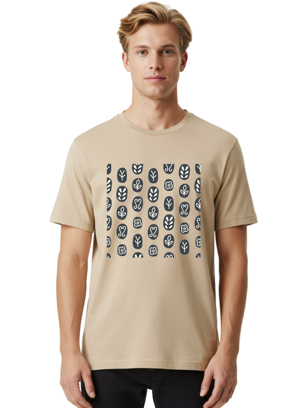 Black-Ovals-With-White-Leaves Men'S Graphic Tee, 100% Cotton, Comfortable Casual Summer Wear, Machine Washable, Repeating Pattern, Gray Ovals, White Floral Designs, Botanical Motifs, Abstract Shapes, Graphic Design Elements, Minimalist Art, Aab664