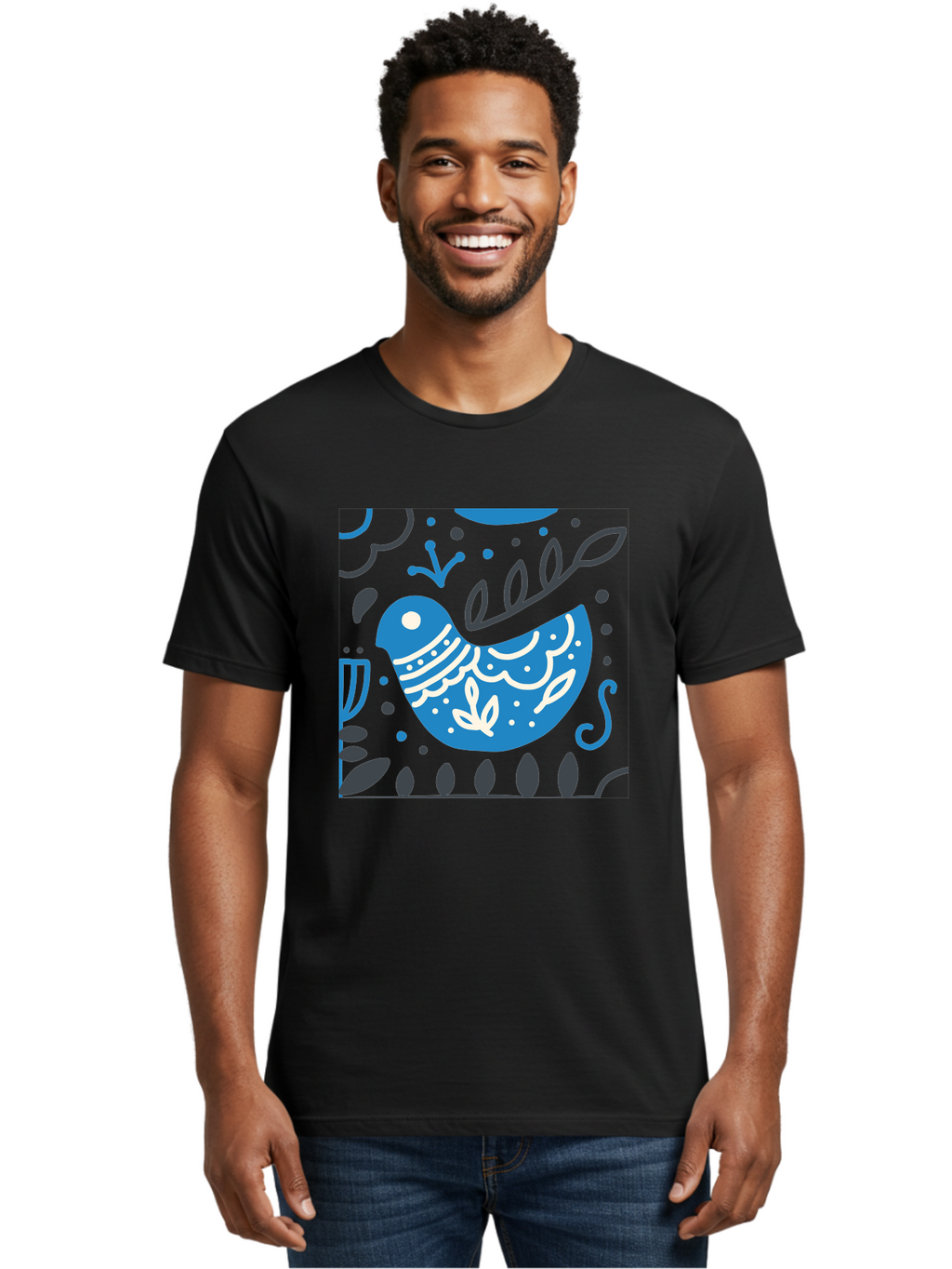 Blue-Bird Men'S Graphic Tee, 100% Cotton, Comfortable Casual Summer Wear, Machine Washable, Blue Bird, Floral Patterns, Whimsical Design, Abstract Shapes, Leaves, Dots, Artistic Expression, Creative Illustration, Modern Art, Bird Silhouette Aab665