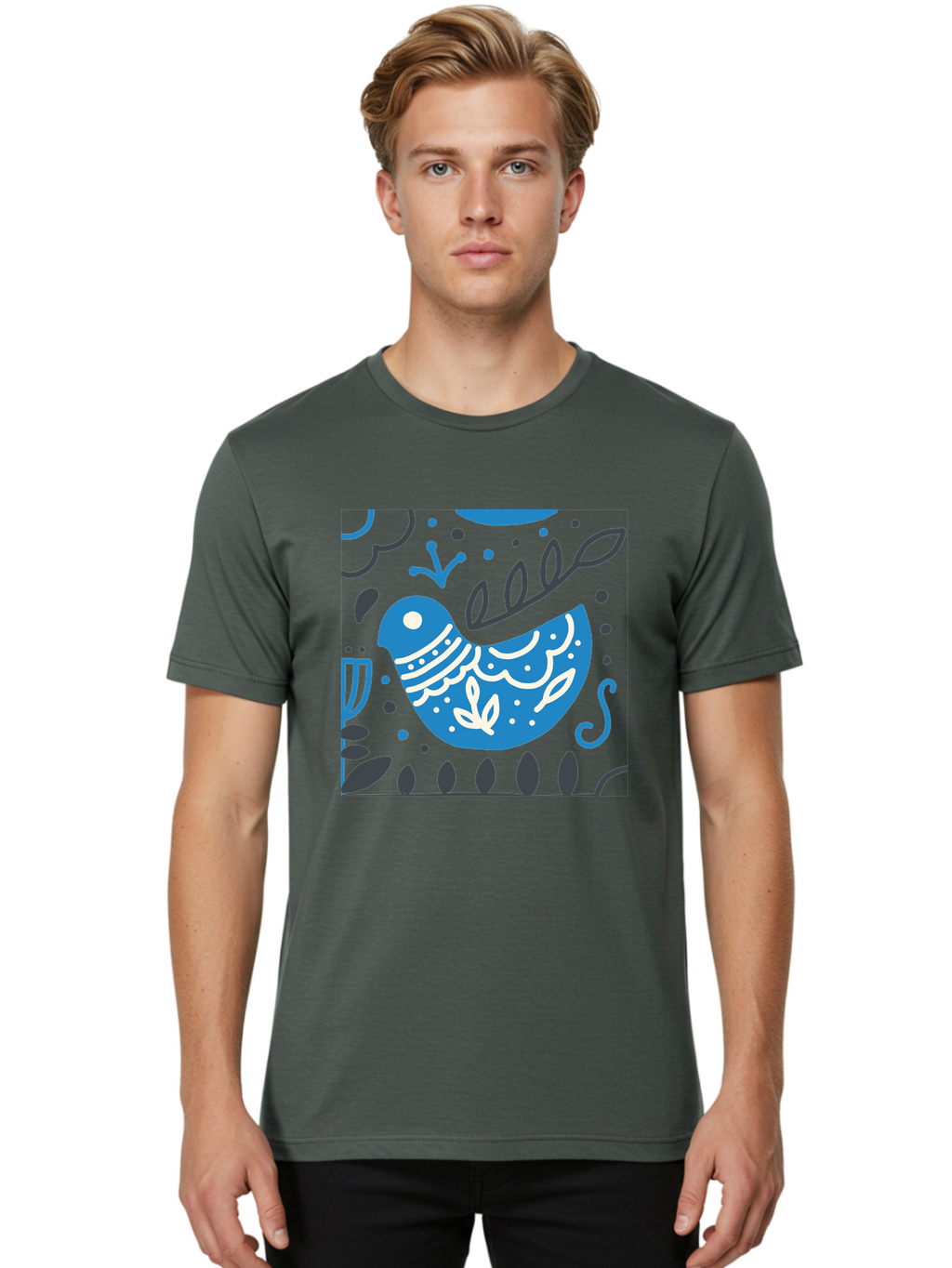 Blue-Bird Men'S Graphic Tee, 100% Cotton, Comfortable Casual Summer Wear, Machine Washable, Blue Bird, Floral Patterns, Whimsical Design, Abstract Shapes, Leaves, Dots, Artistic Expression, Creative Illustration, Modern Art, Bird Silhouette Aab665