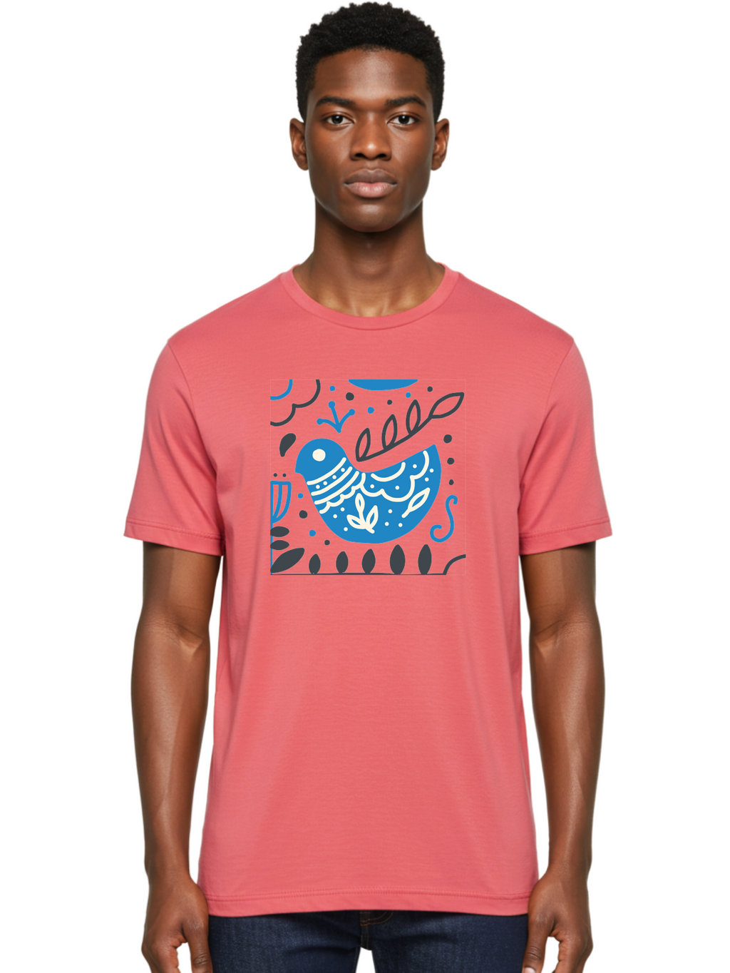 Blue-Bird Men'S Graphic Tee, 100% Cotton, Comfortable Casual Summer Wear, Machine Washable, Blue Bird, Floral Patterns, Whimsical Design, Abstract Shapes, Leaves, Dots, Artistic Expression, Creative Illustration, Modern Art, Bird Silhouette Aab665