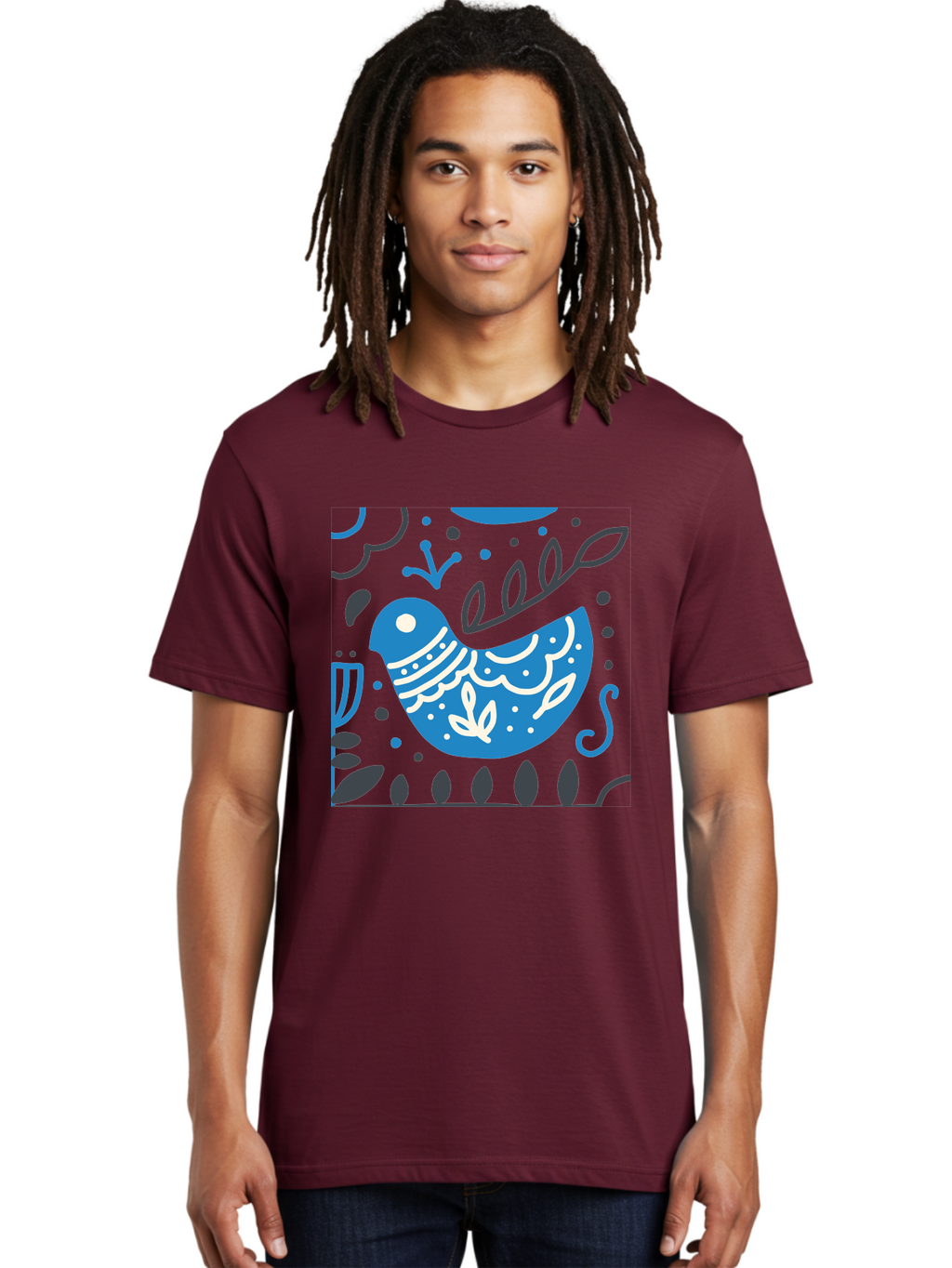 Blue-Bird Men'S Graphic Tee, 100% Cotton, Comfortable Casual Summer Wear, Machine Washable, Blue Bird, Floral Patterns, Whimsical Design, Abstract Shapes, Leaves, Dots, Artistic Expression, Creative Illustration, Modern Art, Bird Silhouette Aab665