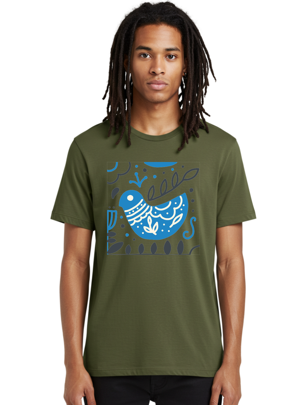 Blue-Bird Men'S Graphic Tee, 100% Cotton, Comfortable Casual Summer Wear, Machine Washable, Blue Bird, Floral Patterns, Whimsical Design, Abstract Shapes, Leaves, Dots, Artistic Expression, Creative Illustration, Modern Art, Bird Silhouette Aab665