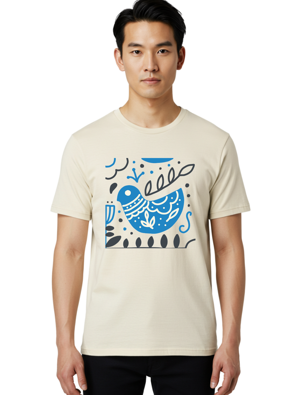 Blue-Bird Men'S Graphic Tee, 100% Cotton, Comfortable Casual Summer Wear, Machine Washable, Blue Bird, Floral Patterns, Whimsical Design, Abstract Shapes, Leaves, Dots, Artistic Expression, Creative Illustration, Modern Art, Bird Silhouette Aab665