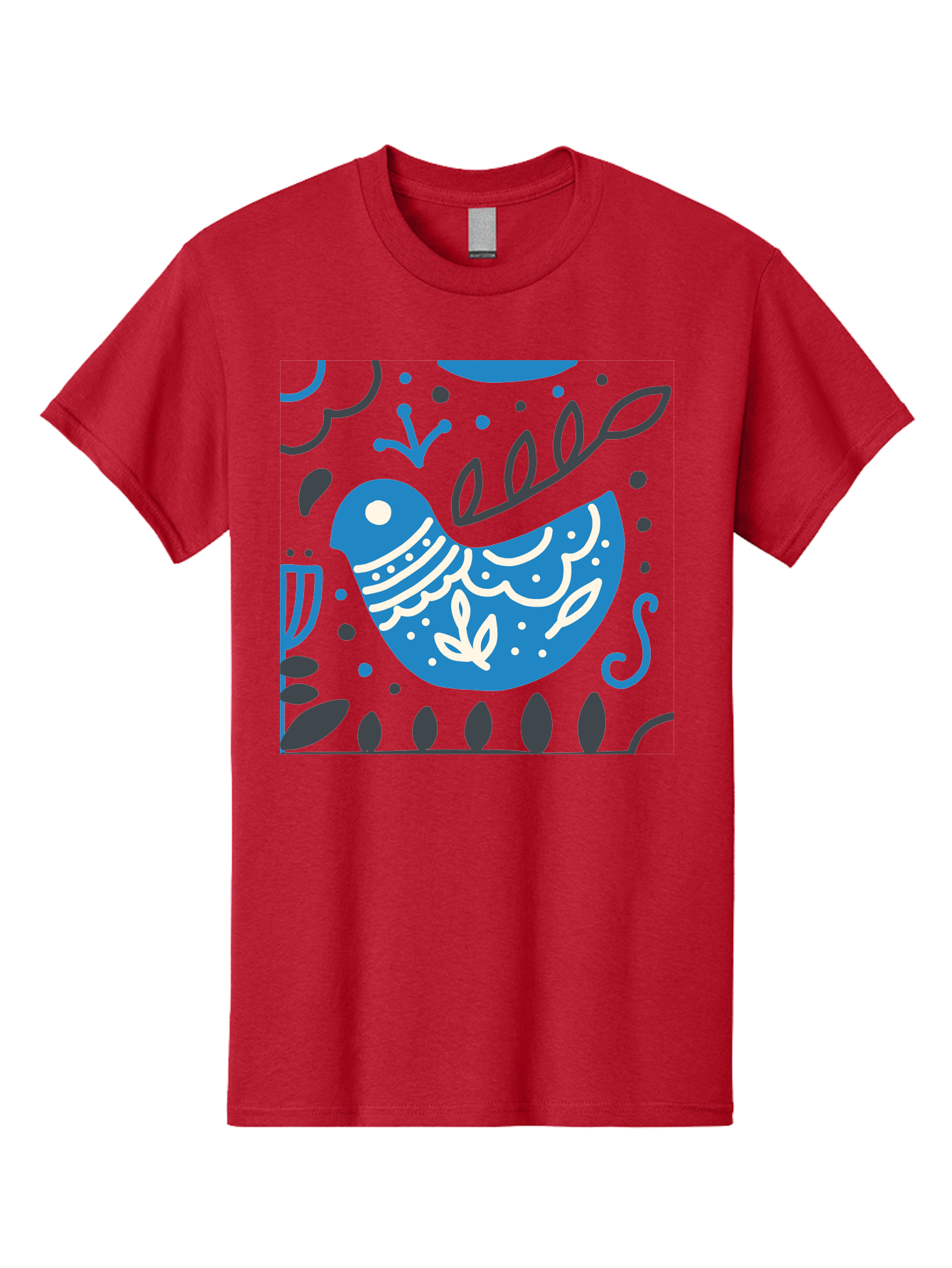 Blue-Bird Men'S Graphic Tee, 100% Cotton, Comfortable Casual Summer Wear, Machine Washable, Blue Bird, Floral Patterns, Whimsical Design, Abstract Shapes, Leaves, Dots, Artistic Expression, Creative Illustration, Modern Art, Bird Silhouette Aab665