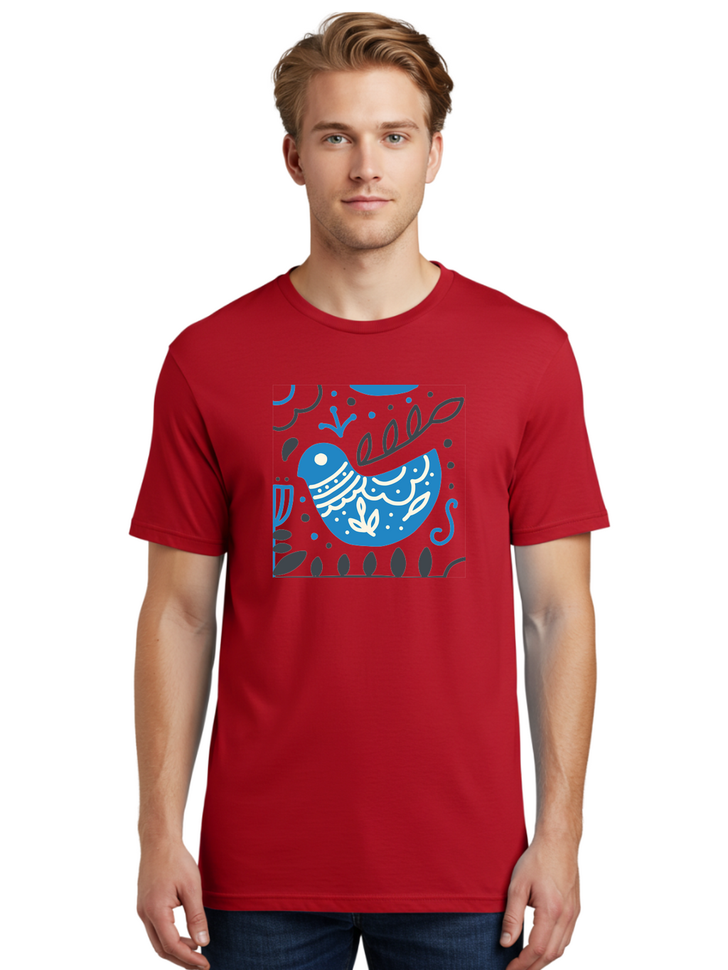 Blue-Bird Men'S Graphic Tee, 100% Cotton, Comfortable Casual Summer Wear, Machine Washable, Blue Bird, Floral Patterns, Whimsical Design, Abstract Shapes, Leaves, Dots, Artistic Expression, Creative Illustration, Modern Art, Bird Silhouette Aab665