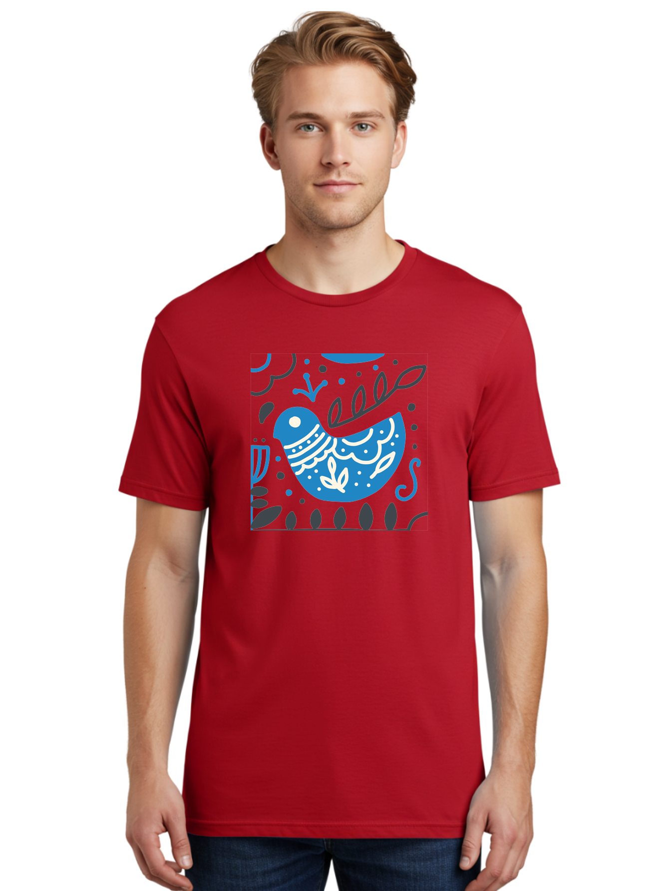Blue-Bird Men'S Graphic Tee, 100% Cotton, Comfortable Casual Summer Wear, Machine Washable, Blue Bird, Floral Patterns, Whimsical Design, Abstract Shapes, Leaves, Dots, Artistic Expression, Creative Illustration, Modern Art, Bird Silhouette Aab665