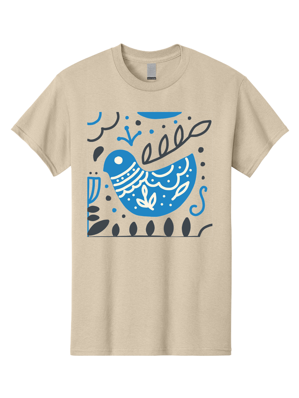 Blue-Bird Men'S Graphic Tee, 100% Cotton, Comfortable Casual Summer Wear, Machine Washable, Blue Bird, Floral Patterns, Whimsical Design, Abstract Shapes, Leaves, Dots, Artistic Expression, Creative Illustration, Modern Art, Bird Silhouette Aab665