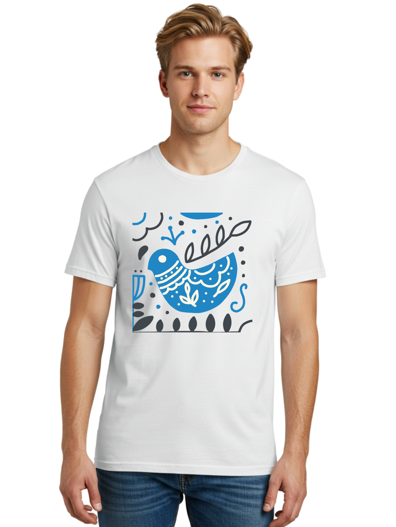 Blue-Bird Men'S Graphic Tee, 100% Cotton, Comfortable Casual Summer Wear, Machine Washable, Blue Bird, Floral Patterns, Whimsical Design, Abstract Shapes, Leaves, Dots, Artistic Expression, Creative Illustration, Modern Art, Bird Silhouette Aab665