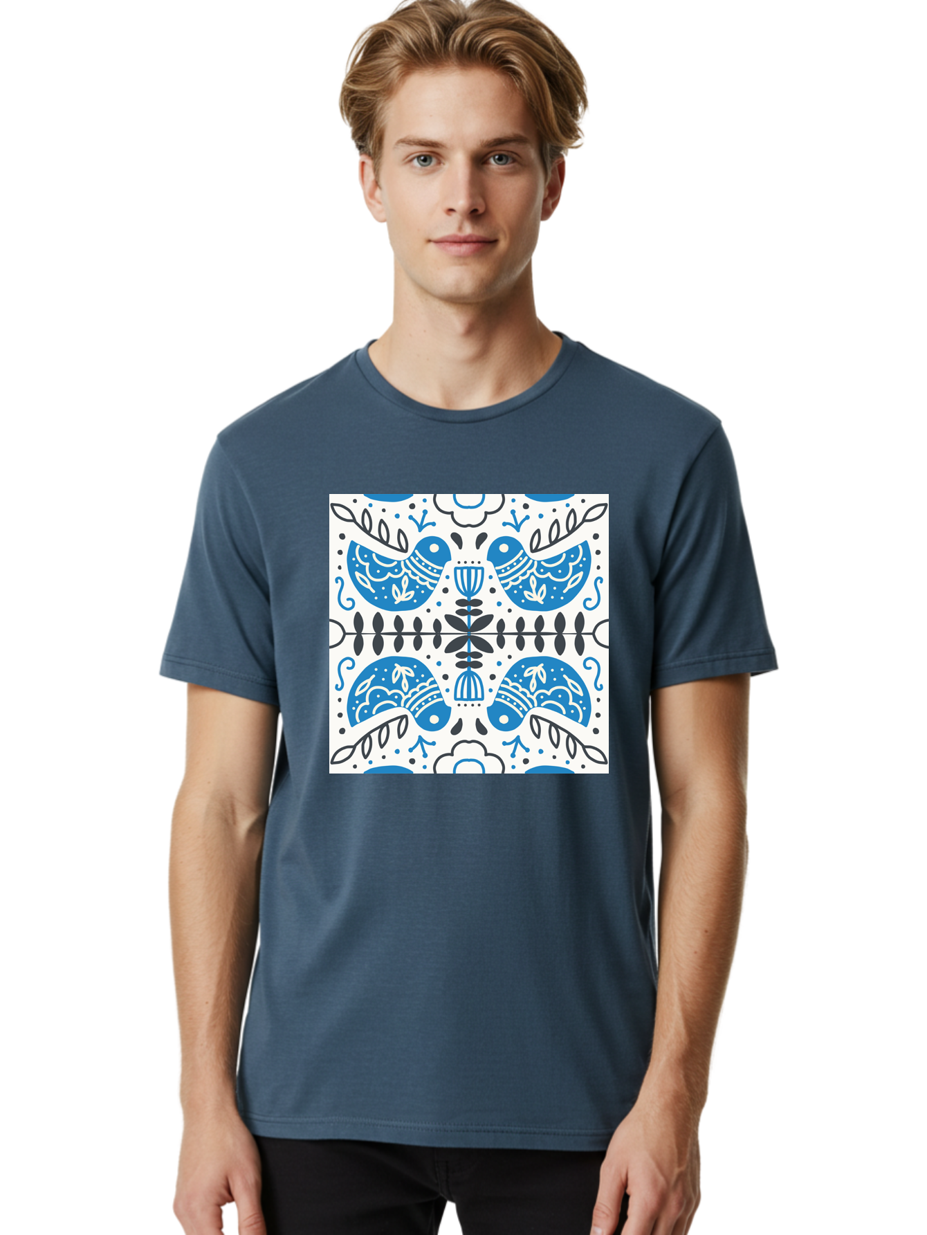 Blue-Birds-Pattern Men'S Graphic Tee, 100% Cotton, Comfortable Casual Summer Wear, Machine Washable, Symmetrical Pattern, Blue Birds, White And Black Accents, Floral Motifs, Traditional Folk Art, Ornate Details, Vintage Design, Aab666