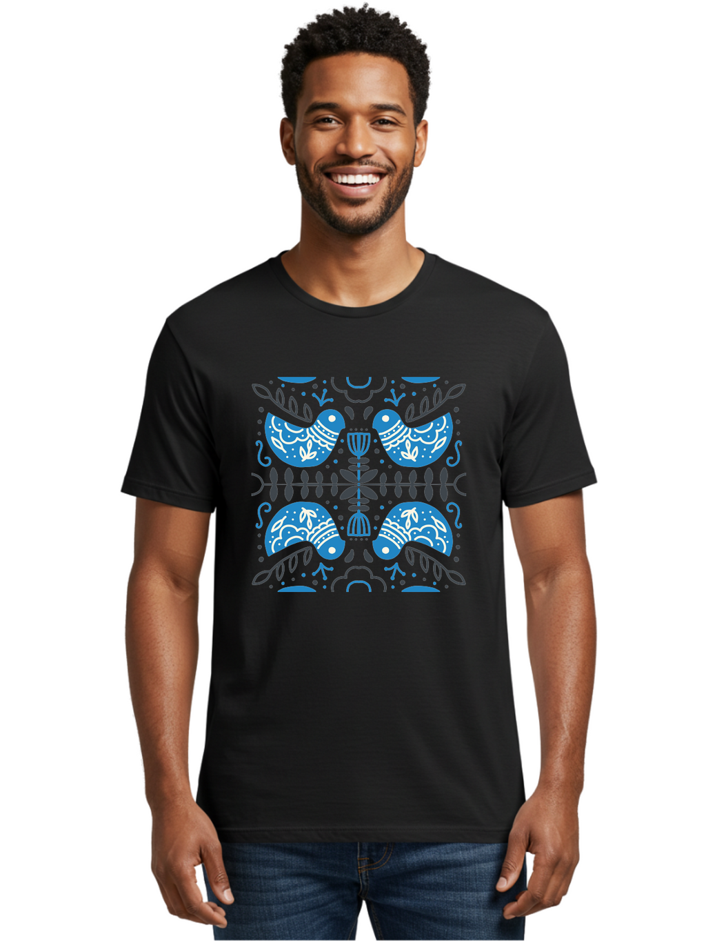 Blue-Birds Men'S Graphic Tee, 100% Cotton, Comfortable Casual Summer Wear, Machine Washable, Stylized Birds, Floral Patterns, Blue And White Illustrations, Leaf Motifs, Abstract Designs, Symmetrical Composition, Vintage Style, Folk Art Aab667