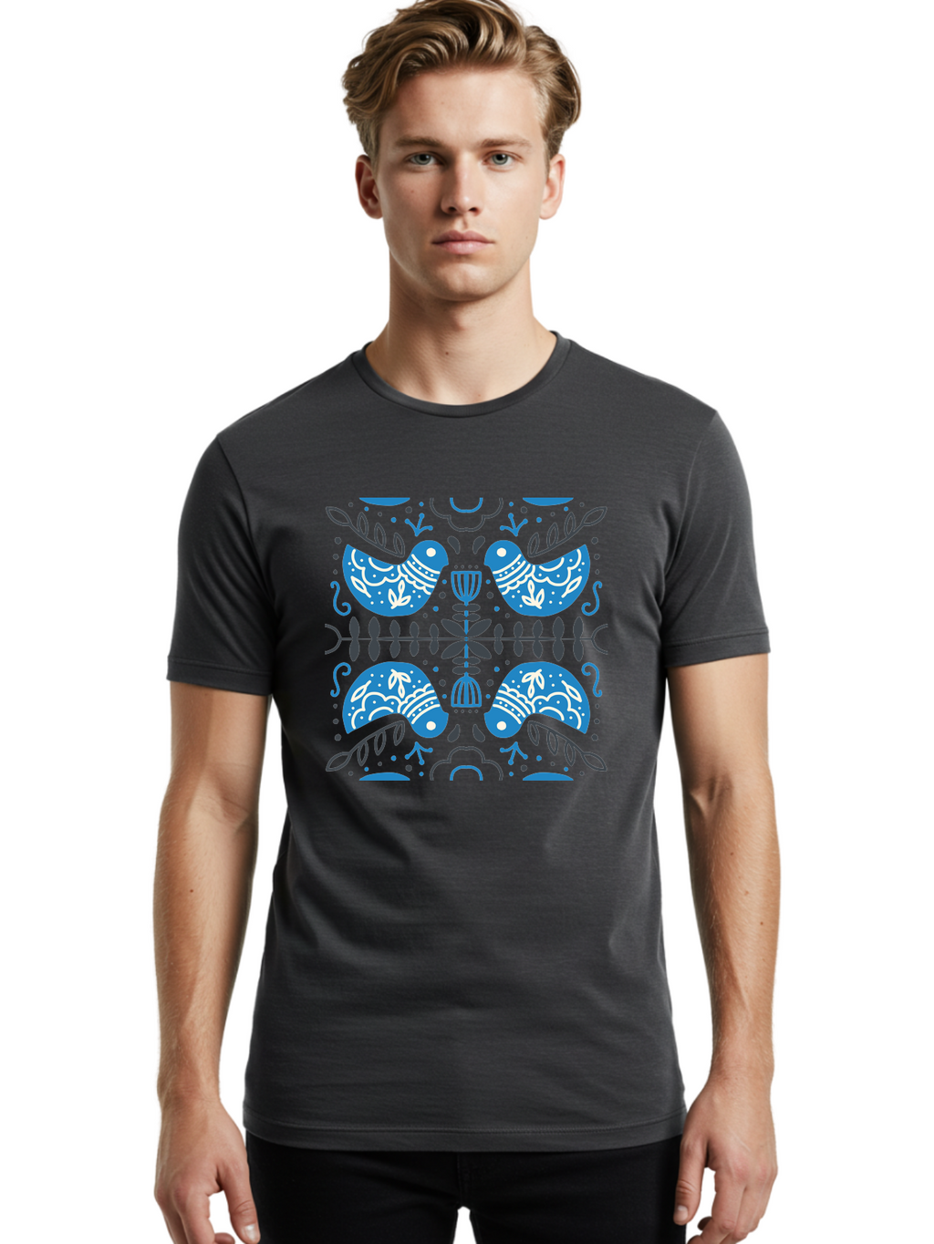 Blue-Birds Men'S Graphic Tee, 100% Cotton, Comfortable Casual Summer Wear, Machine Washable, Stylized Birds, Floral Patterns, Blue And White Illustrations, Leaf Motifs, Abstract Designs, Symmetrical Composition, Vintage Style, Folk Art Aab667