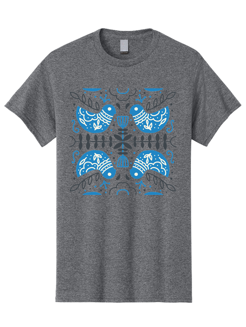 Blue-Birds Men'S Graphic Tee, 100% Cotton, Comfortable Casual Summer Wear, Machine Washable, Stylized Birds, Floral Patterns, Blue And White Illustrations, Leaf Motifs, Abstract Designs, Symmetrical Composition, Vintage Style, Folk Art Aab667