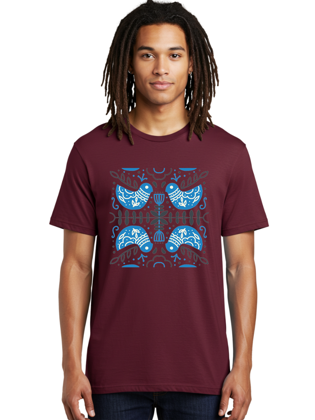 Blue-Birds Men'S Graphic Tee, 100% Cotton, Comfortable Casual Summer Wear, Machine Washable, Stylized Birds, Floral Patterns, Blue And White Illustrations, Leaf Motifs, Abstract Designs, Symmetrical Composition, Vintage Style, Folk Art Aab667