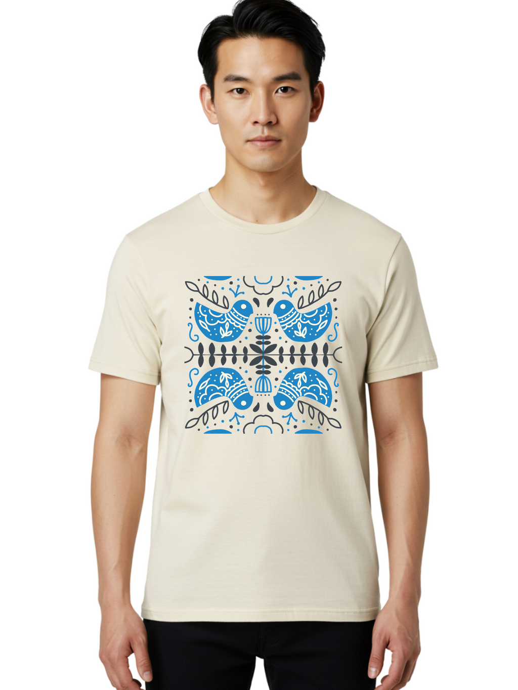 Blue-Birds Men'S Graphic Tee, 100% Cotton, Comfortable Casual Summer Wear, Machine Washable, Stylized Birds, Floral Patterns, Blue And White Illustrations, Leaf Motifs, Abstract Designs, Symmetrical Composition, Vintage Style, Folk Art Aab667